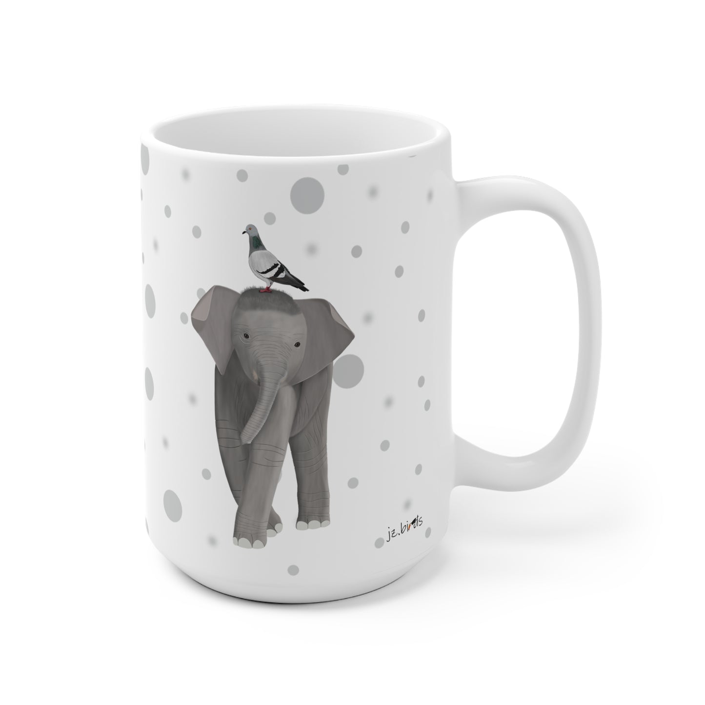 Taube auf einem Elefanten Vogel Tasse Punkte Grau