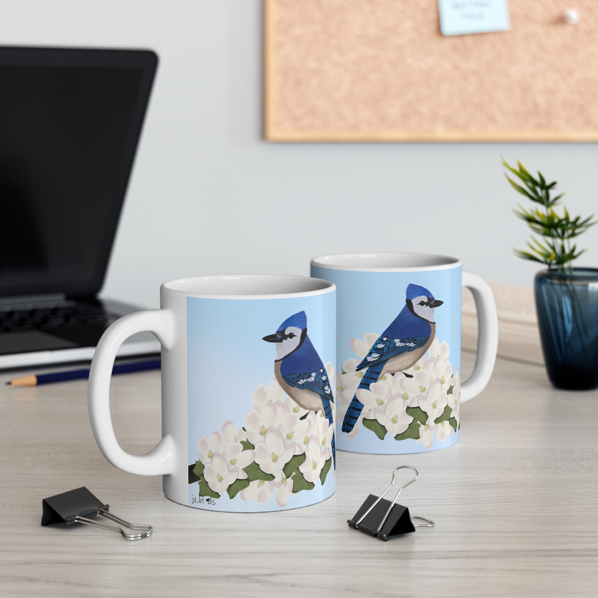 Blue Jay Apple Spring Blossoms Bird Ceramic Mug 11oz - jz.birds