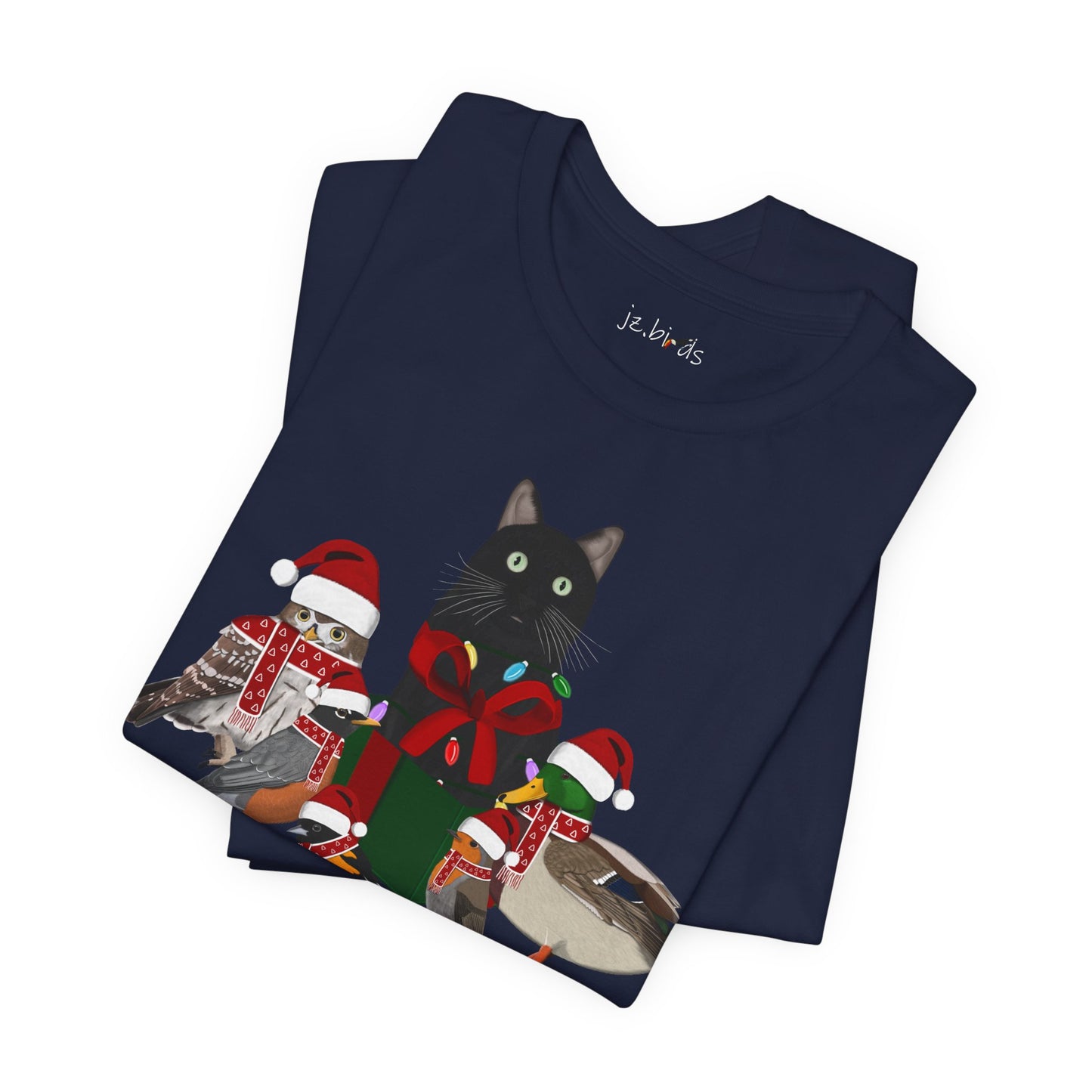 Robin Mallard Oriole Owl with Cat in a Box and Fairy Lights Christmas Bird T-Shirt