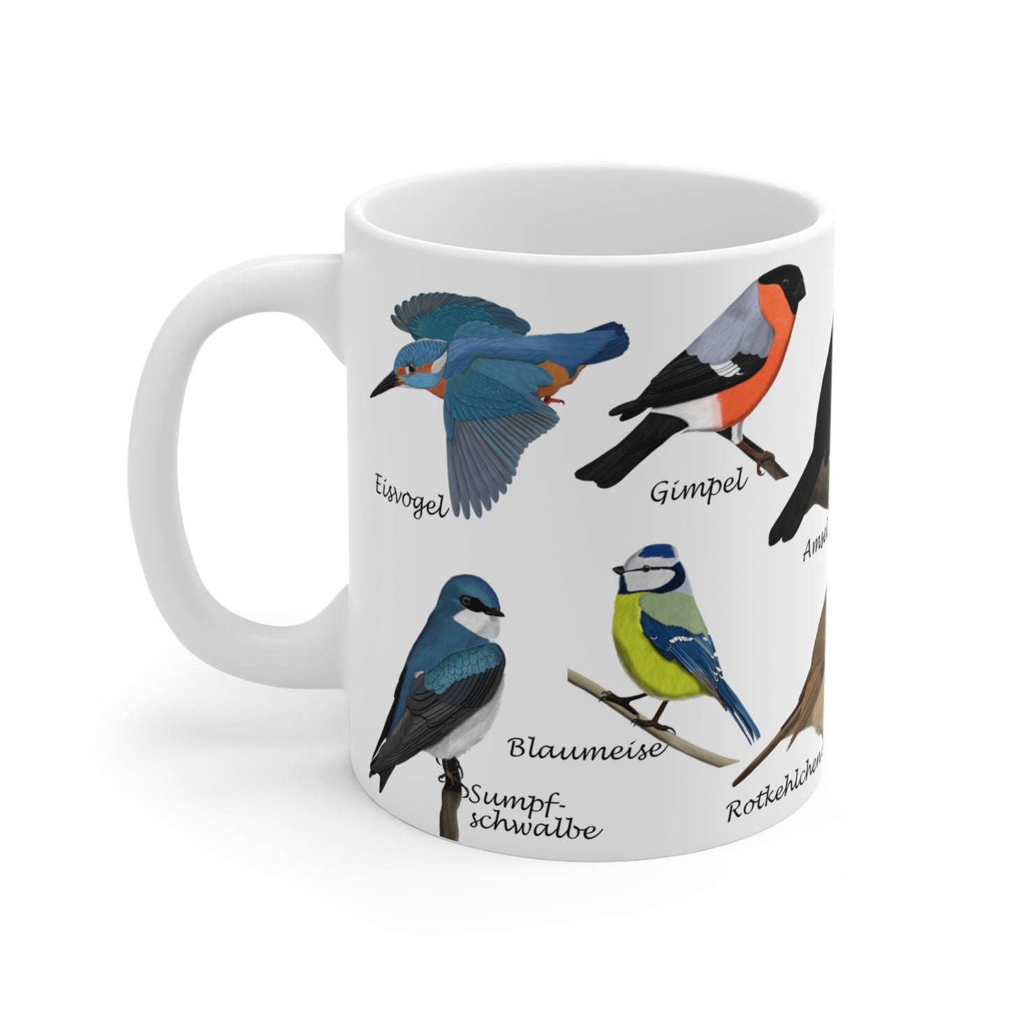 Gartenvögel Amsel Rotkehlchen Blaumeise Zaunkönig Gimpel Eisvogel Vogel Tasse