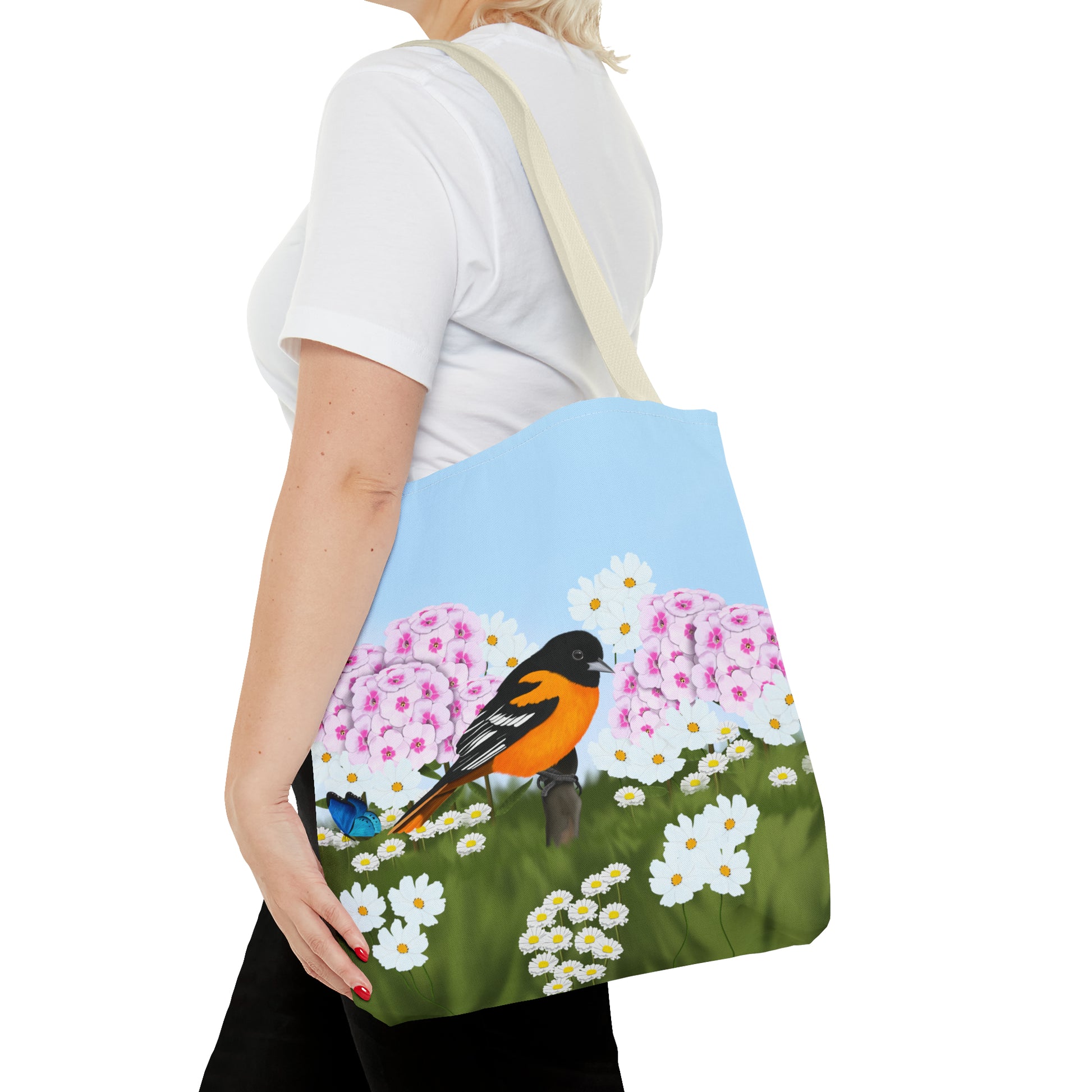 Baltimore Oriole in Summer Flowers Bird Tote Bag 16"x16" - jz.birds