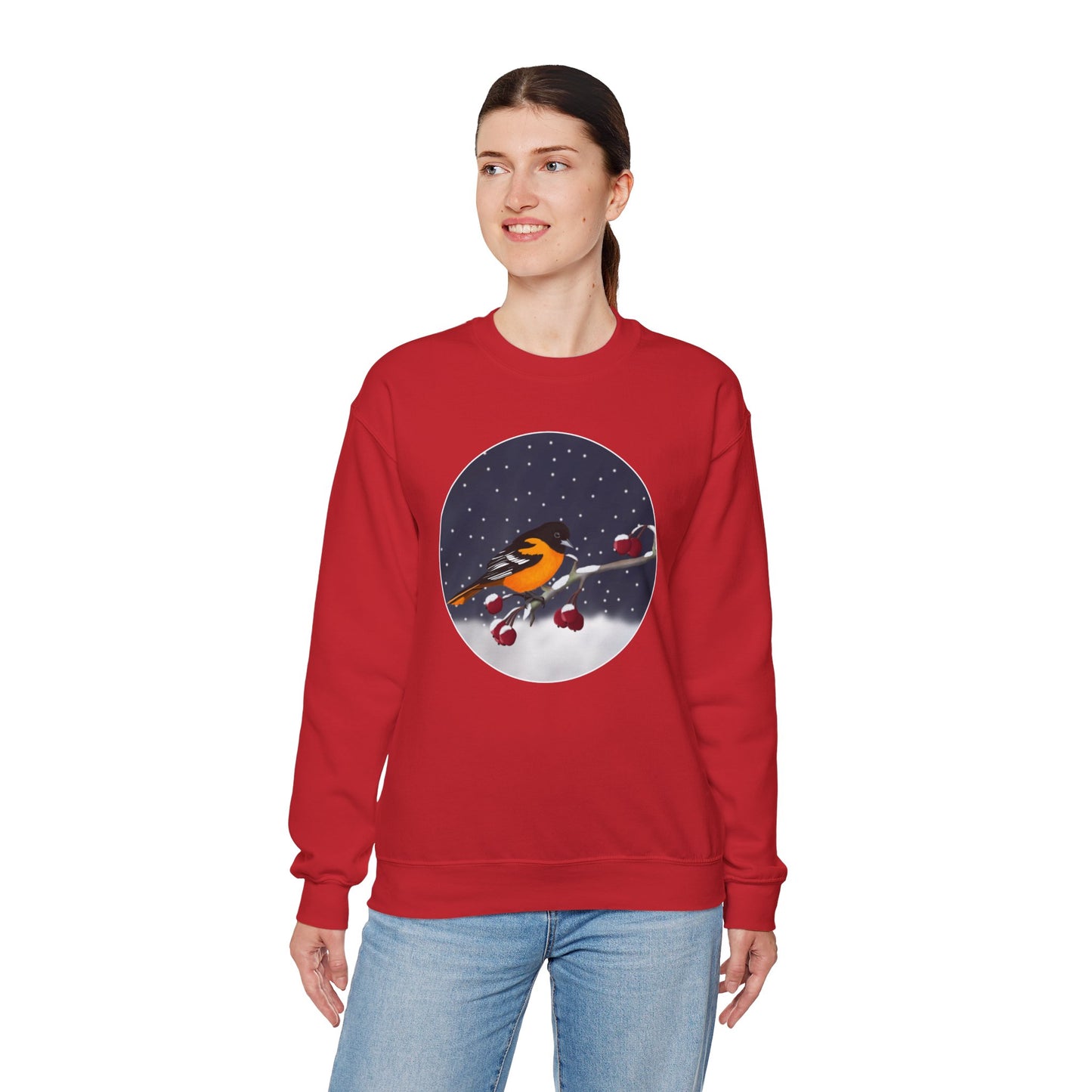 Baltimore Oriole on a Winter Branch Birdwatcher Christmas Bird Sweatshirt