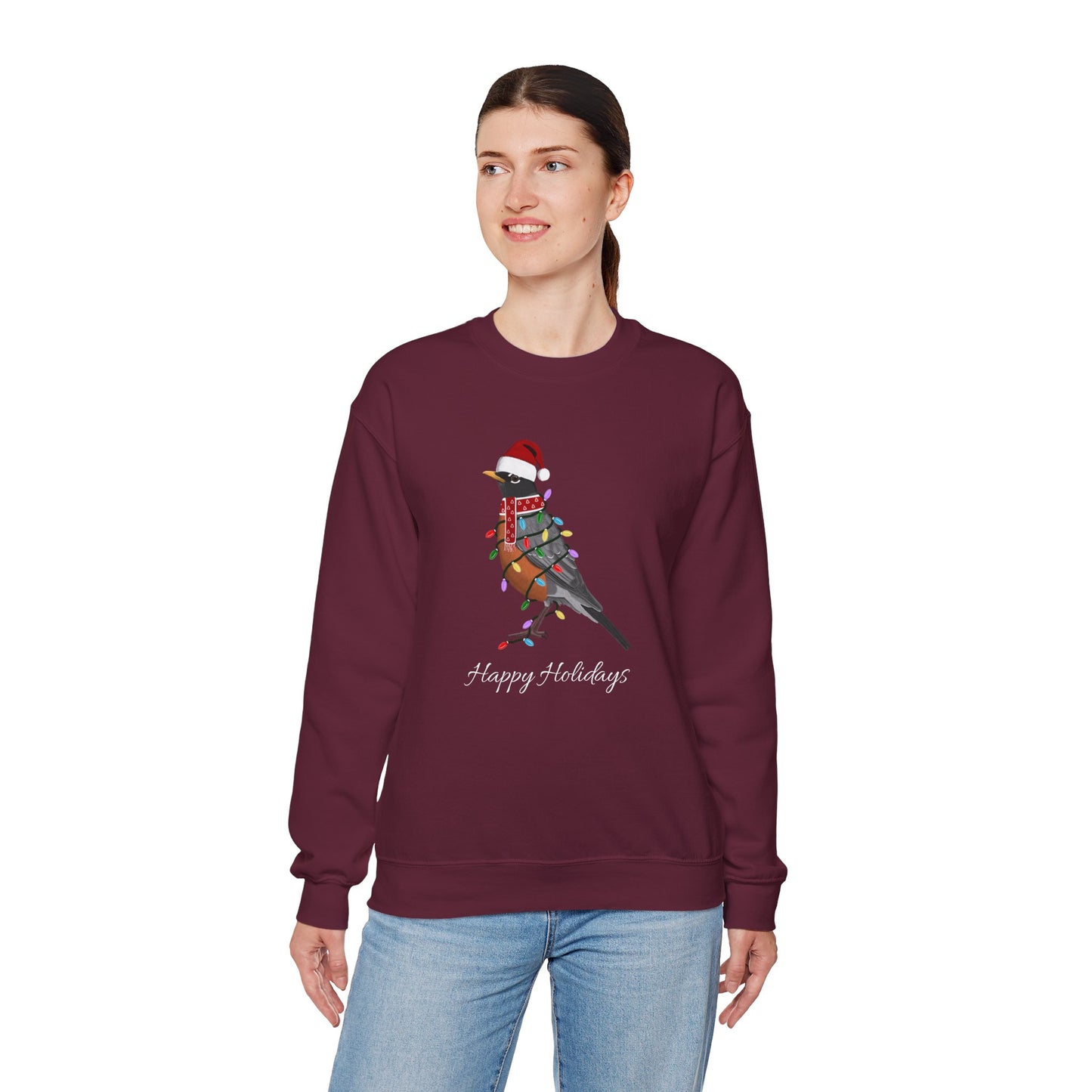 Robin with Fairy Lights as Santa Happy Holidays Birdwatcher Christmas Bird Sweatshirt