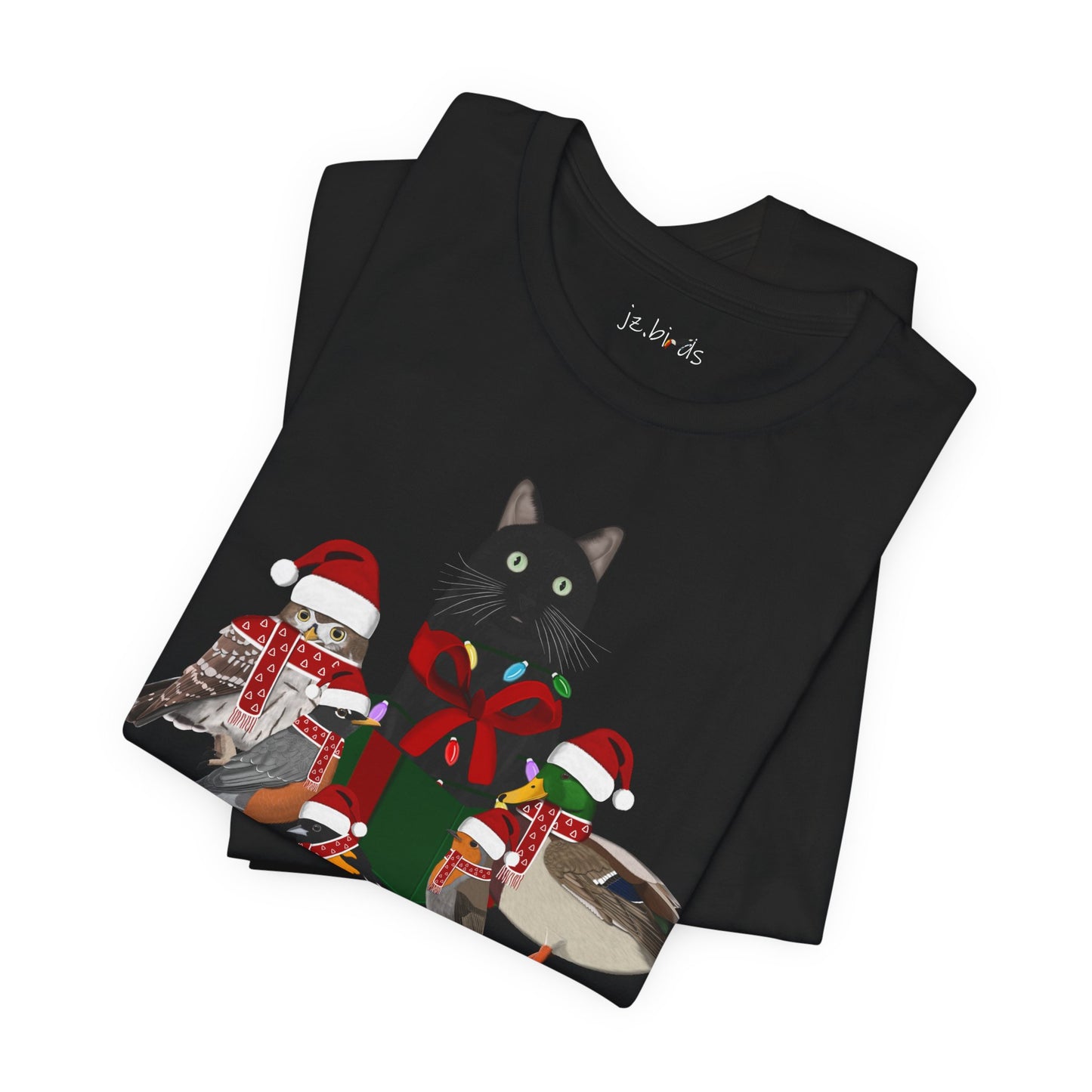 Robin Mallard Oriole Owl with Cat in a Box and Fairy Lights Christmas Bird T-Shirt