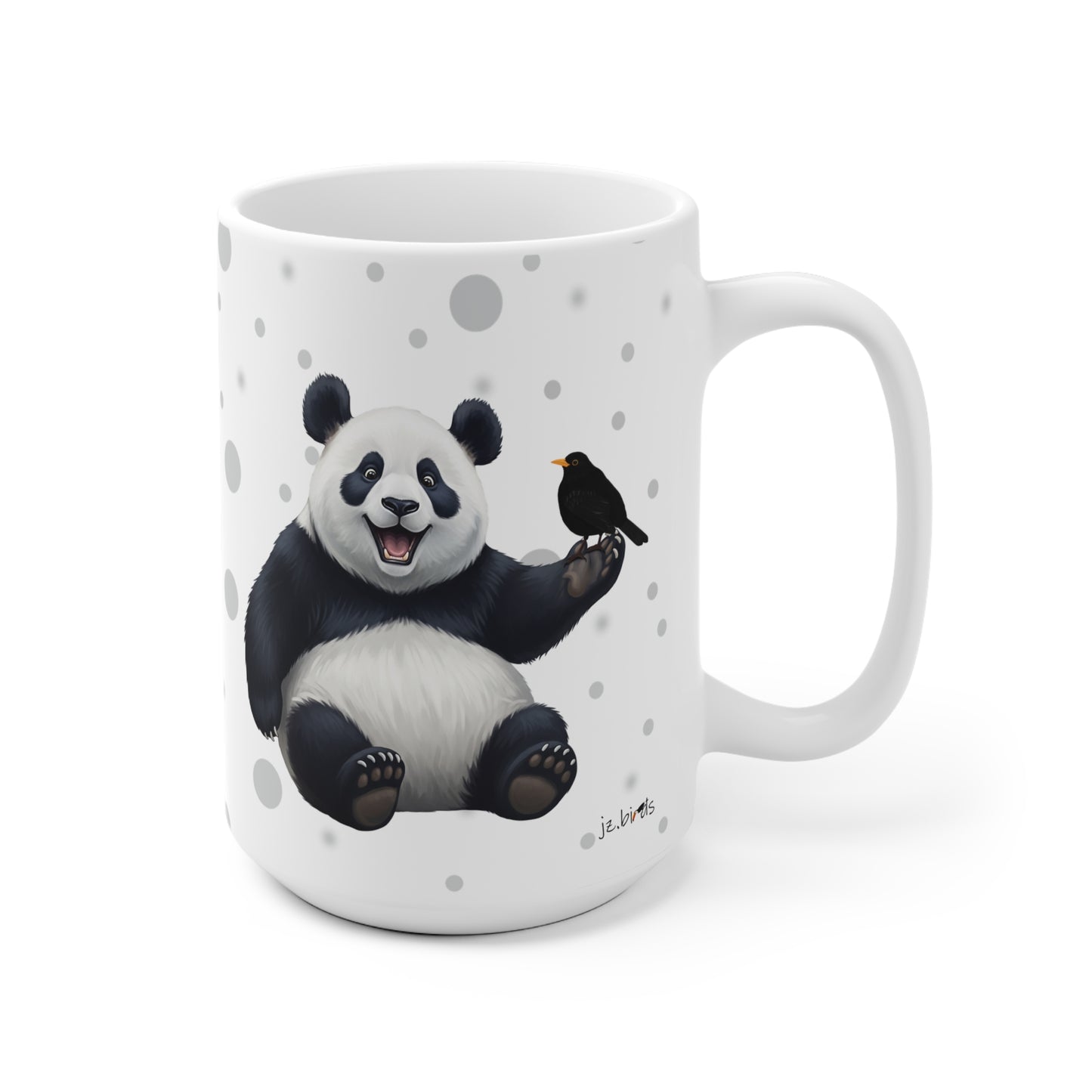 Amsel mit einem fröhlichen Panda Vogel Tiermotiv Tasse Punkte Grau