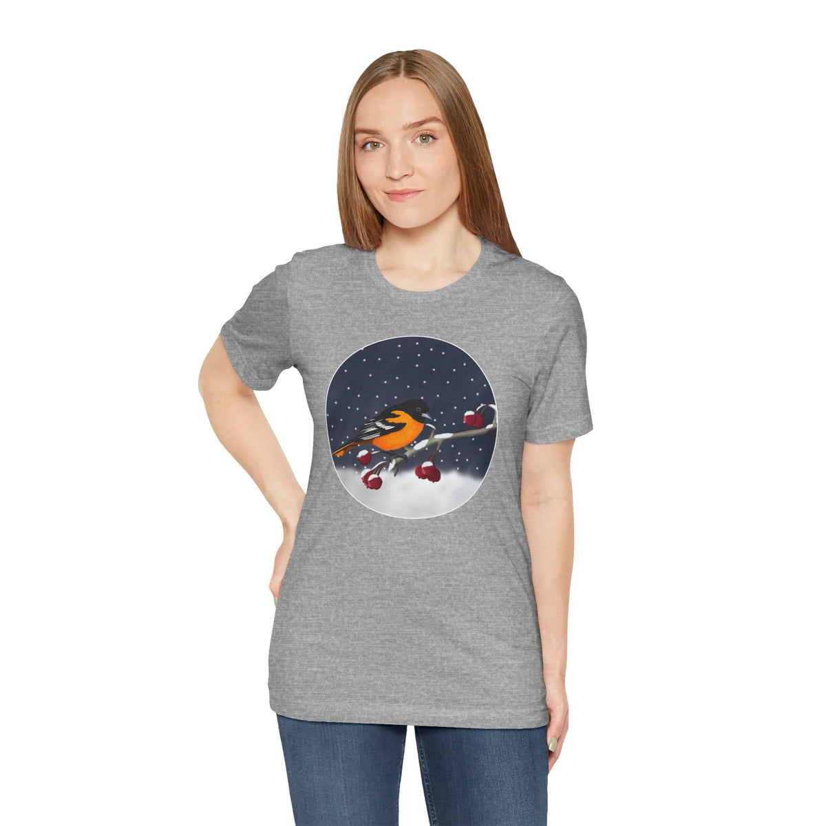 Baltimore Oriole on a Winter Branch Birdwatcher Christmas Bird T-Shirt