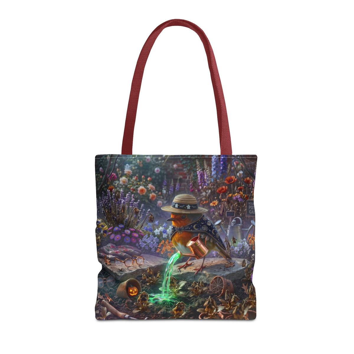 A tote bag with dark red handles and a detailed fantasy illustration printed on the front, featuring a robin bird in a hat near glowing green elements, shown against a plain white background.