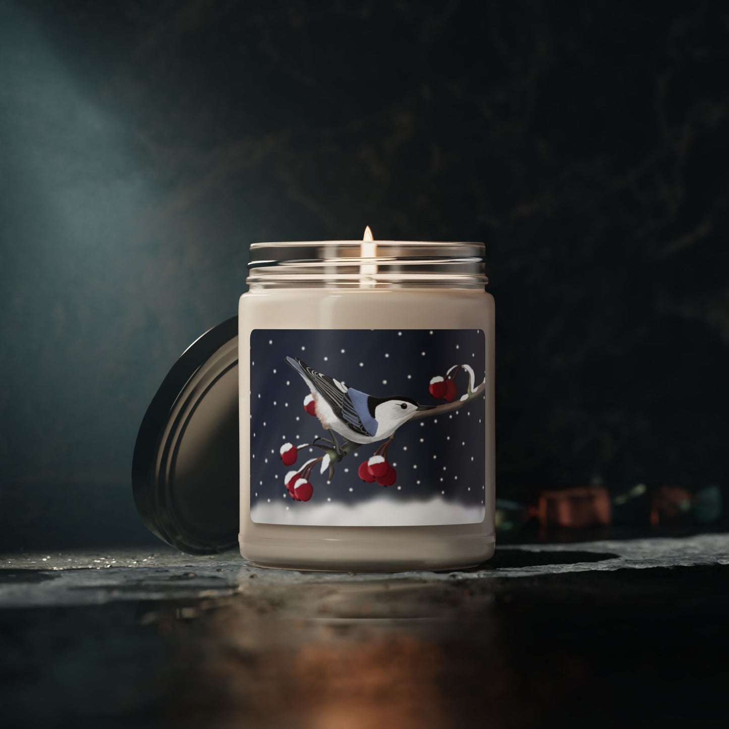 Nuthatch on a Winter Branch Christmas Bird Art Scented Soy Candle, 9oz