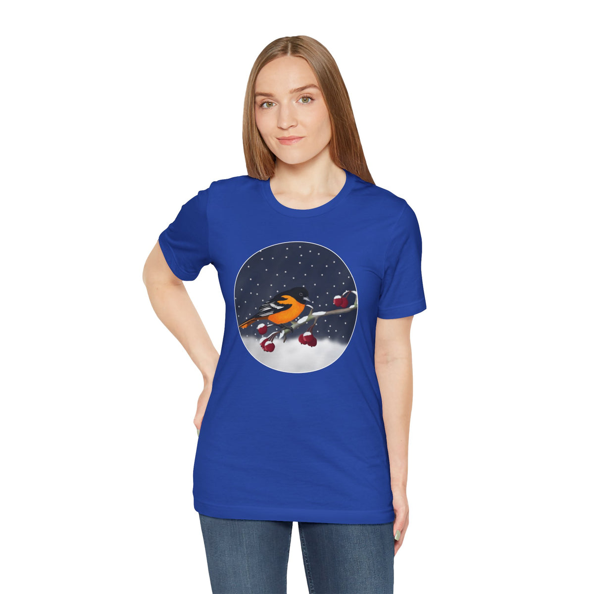 Baltimore Oriole on a Winter Branch Birdwatcher Christmas Bird T-Shirt