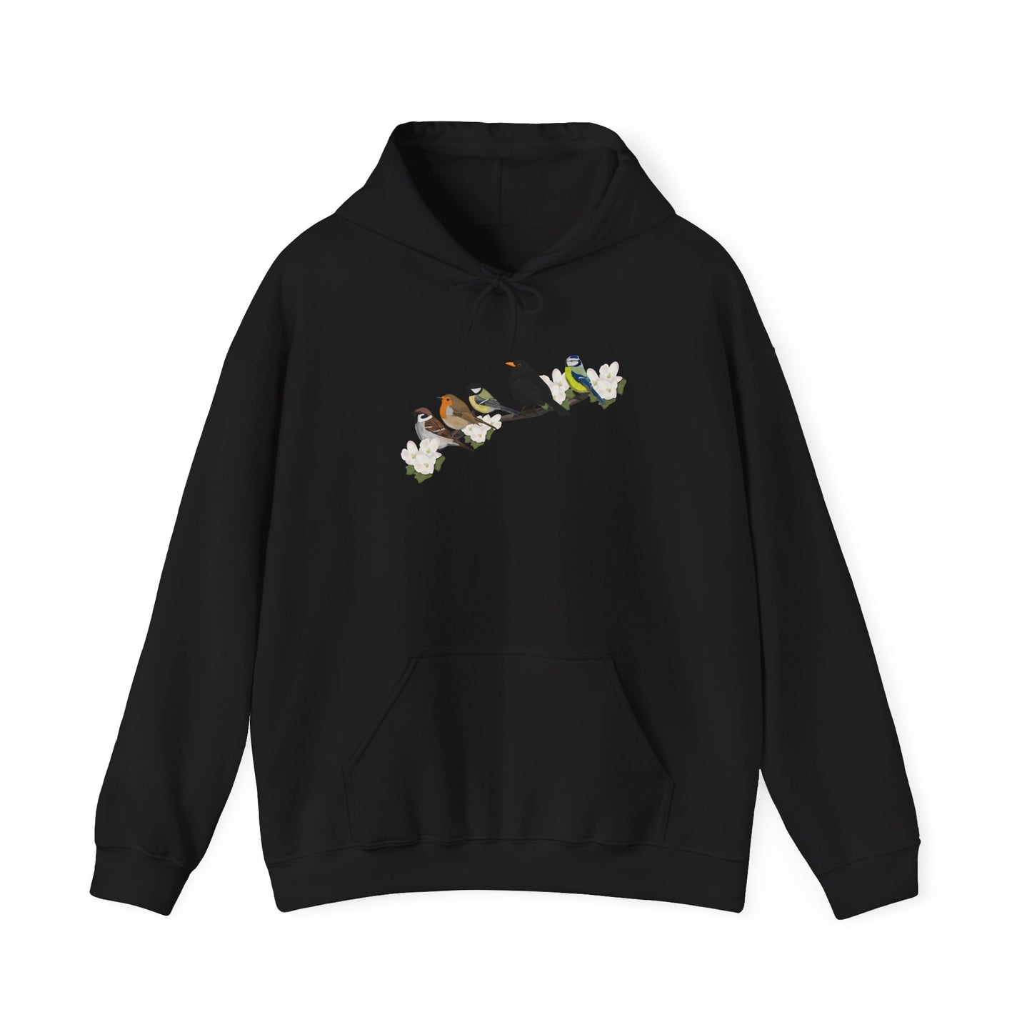 Vögel auf einem Ast Hoodie - Amsel Rotkehlchen Kohlmeise Spatz Kapuzenpullover für Vogelbeobachter & Naturliebhaber