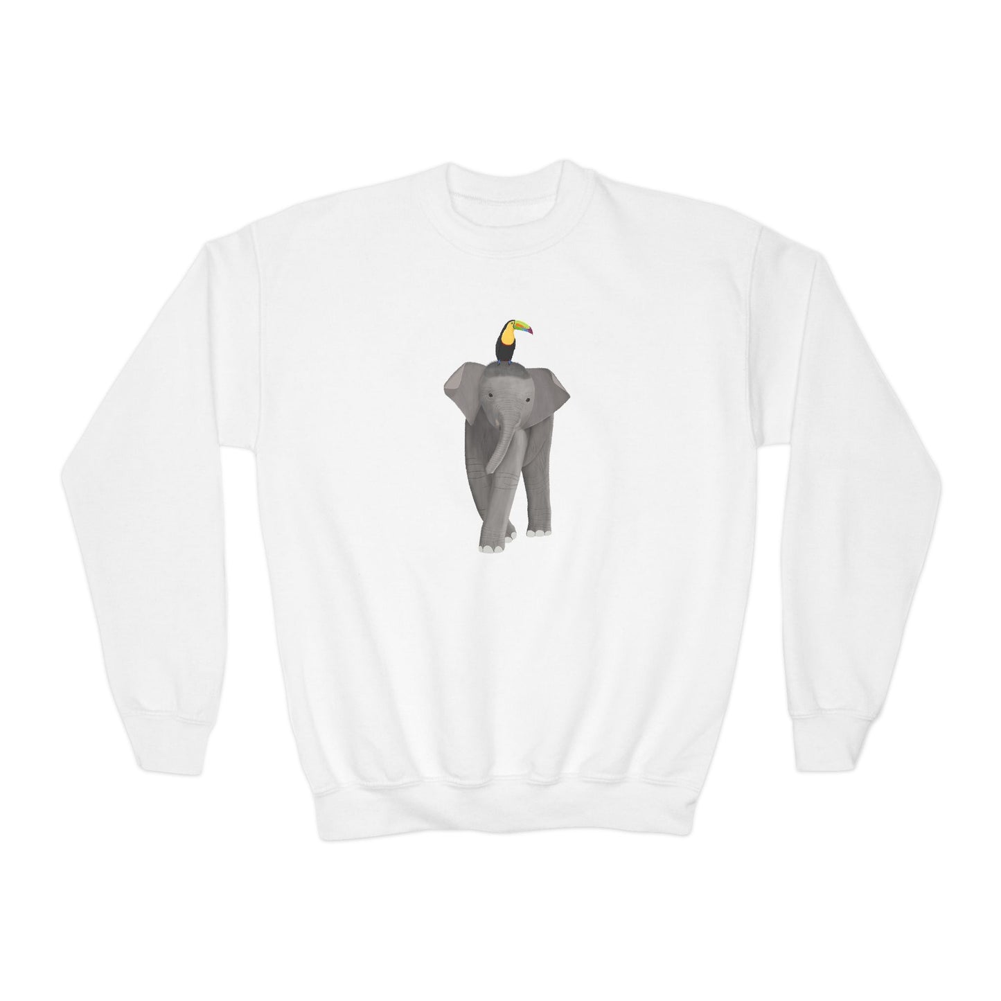 Elephant with Keel Billed Toucan Bird Youth Crewneck Sweatshirt