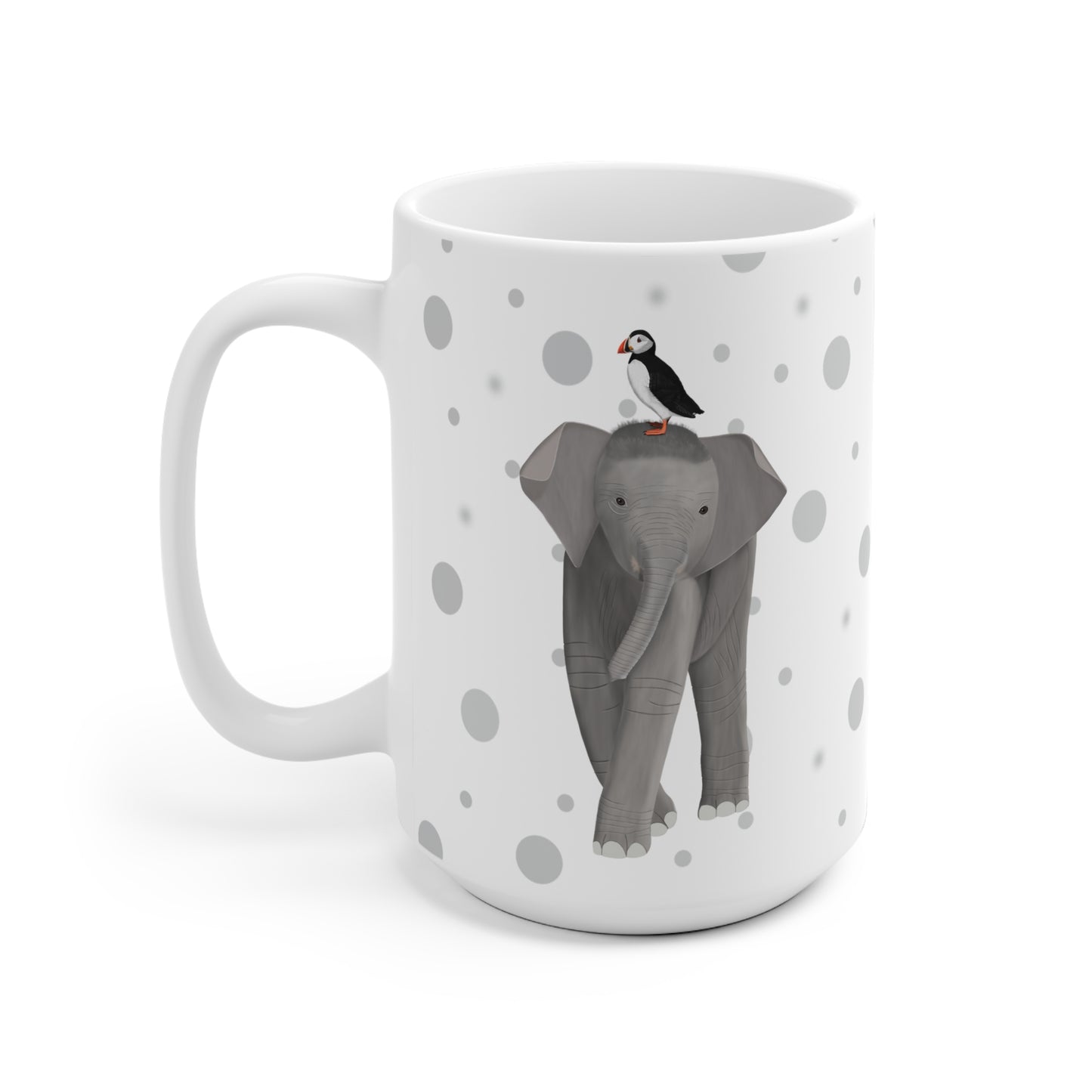 Papageitaucher auf einem Elefanten Vogel Tasse Punkte Grau