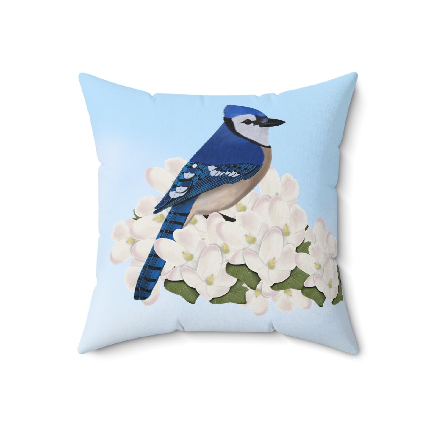 Blue Jay and Apple Blossoms Bird Throw Pillow 16"x16" - jz.birds