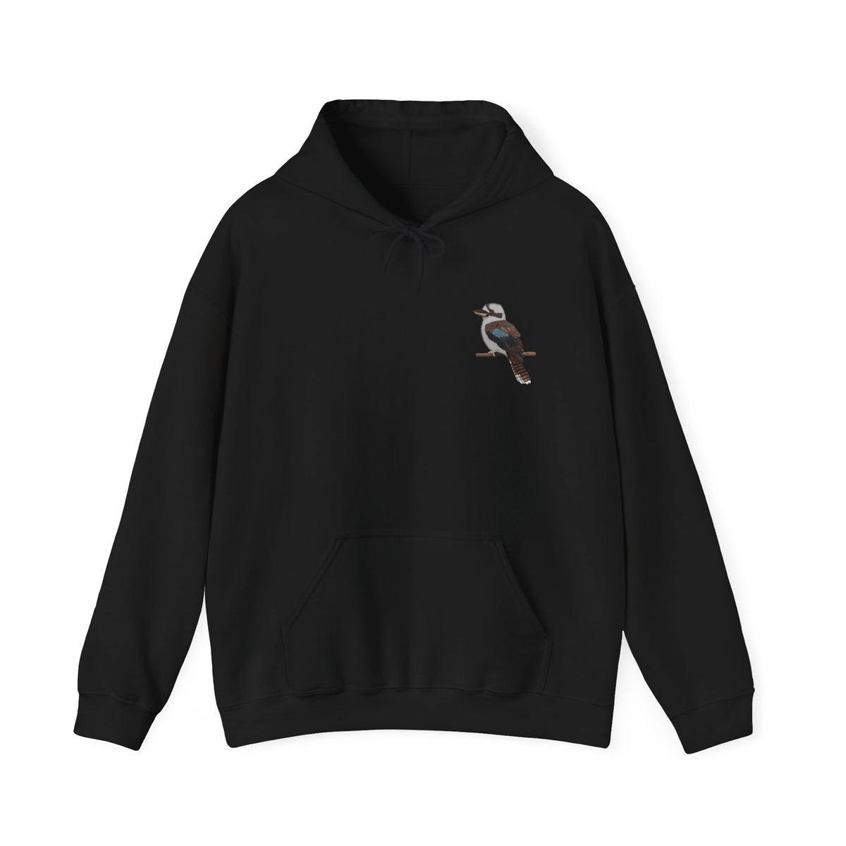 Black hoodie with a bird design on the chest against a white background