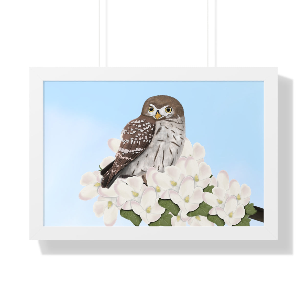 小さなフクロウの春の花鳥額入りポスター