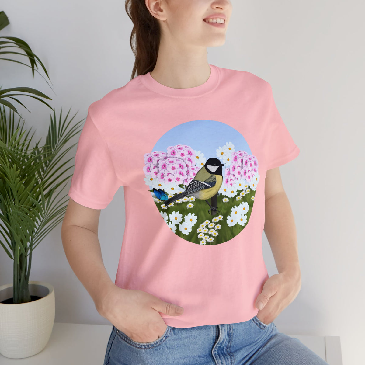 Chickadee and Summer Flowers Bird Tee
