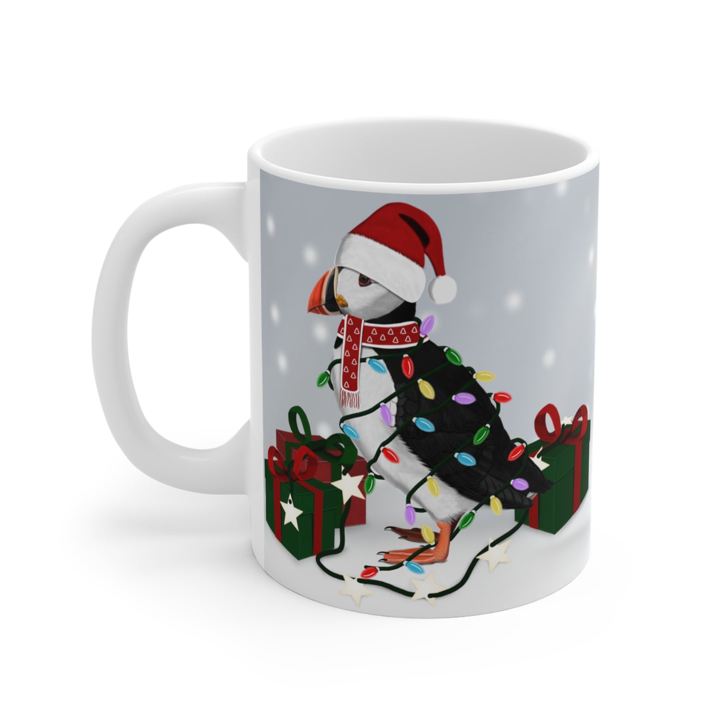 Papageitaucher mit Lichterkette im Winter Weihnachten Schnee Vogel Tasse