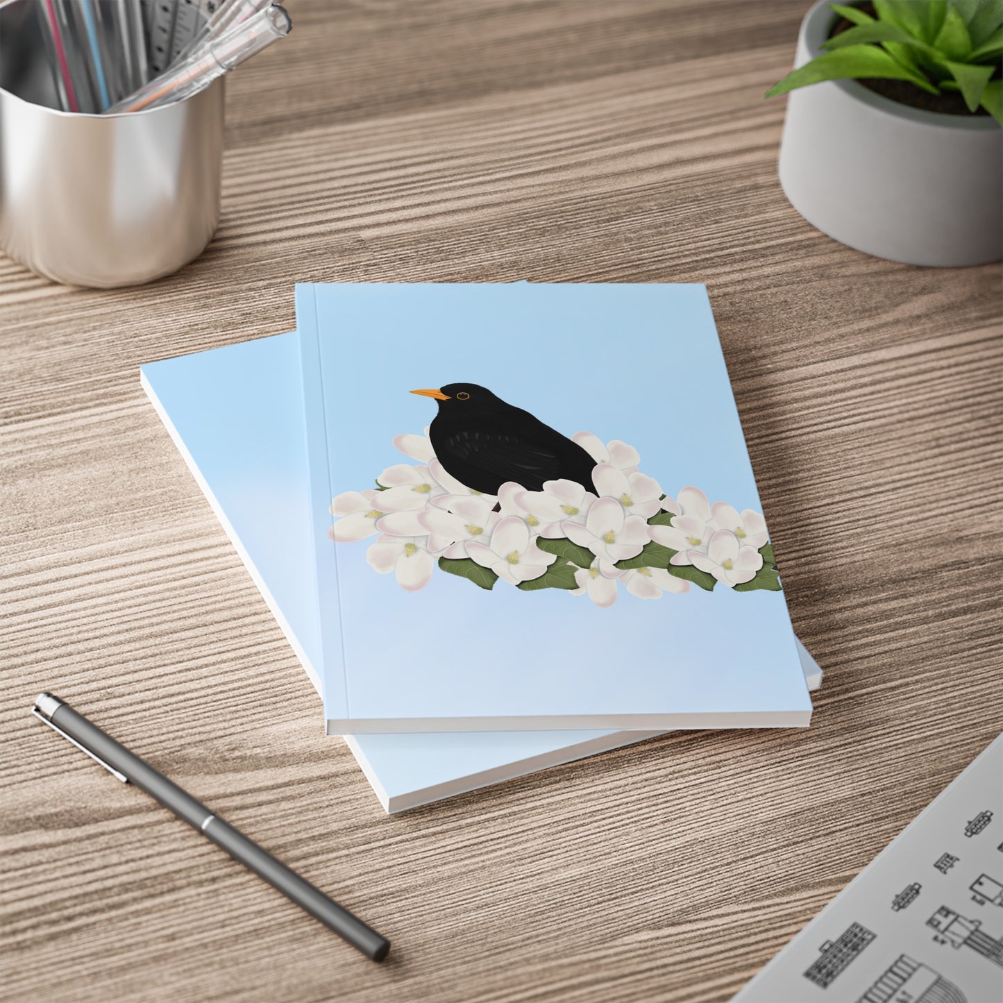 Amsel im Frühling A5 Vogel Softcover Notizbuch 150 Seiten Liniert