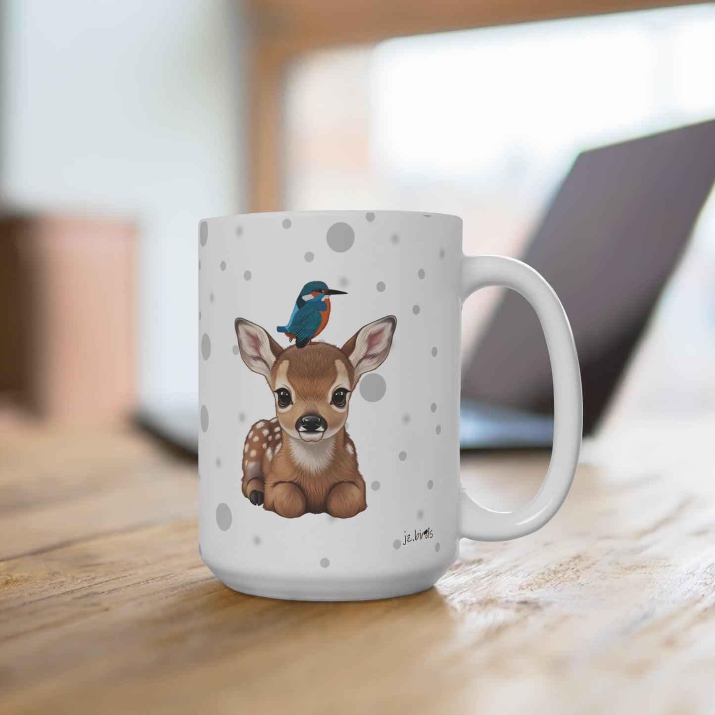 Rehkitz Tasse mit Eisvogel Tiermotiv Punkte Grau