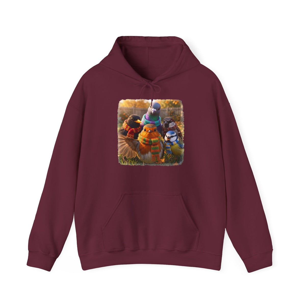 Gartenvögel Hoodie „Rosis Gruppen-Selfie“ – Kuscheliger Kapuzenpullover mit Rotkehlchen, Amsel & Meise