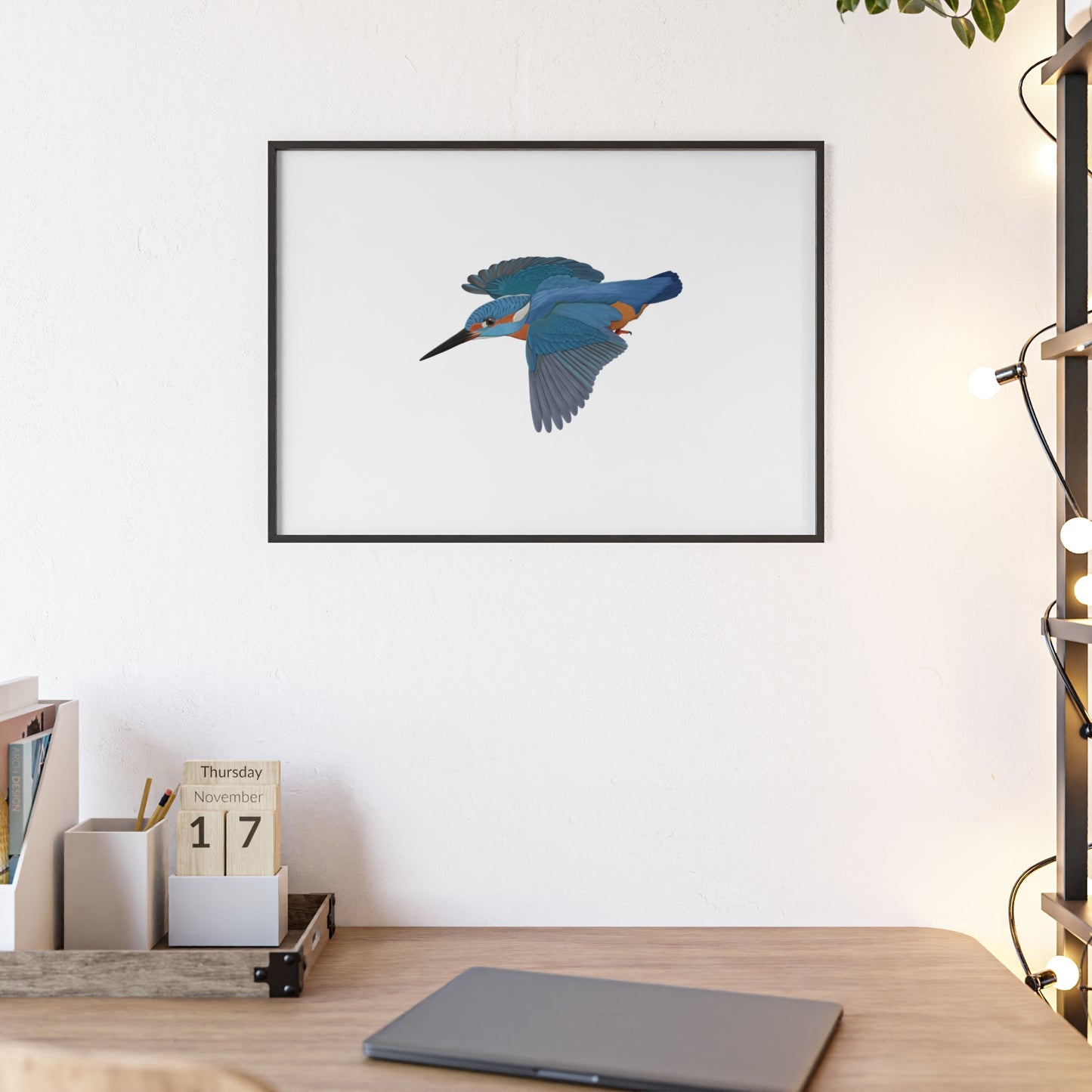 Vogel Poster im Holzrahmen - Eisvogel Poster Singvogel Weiß