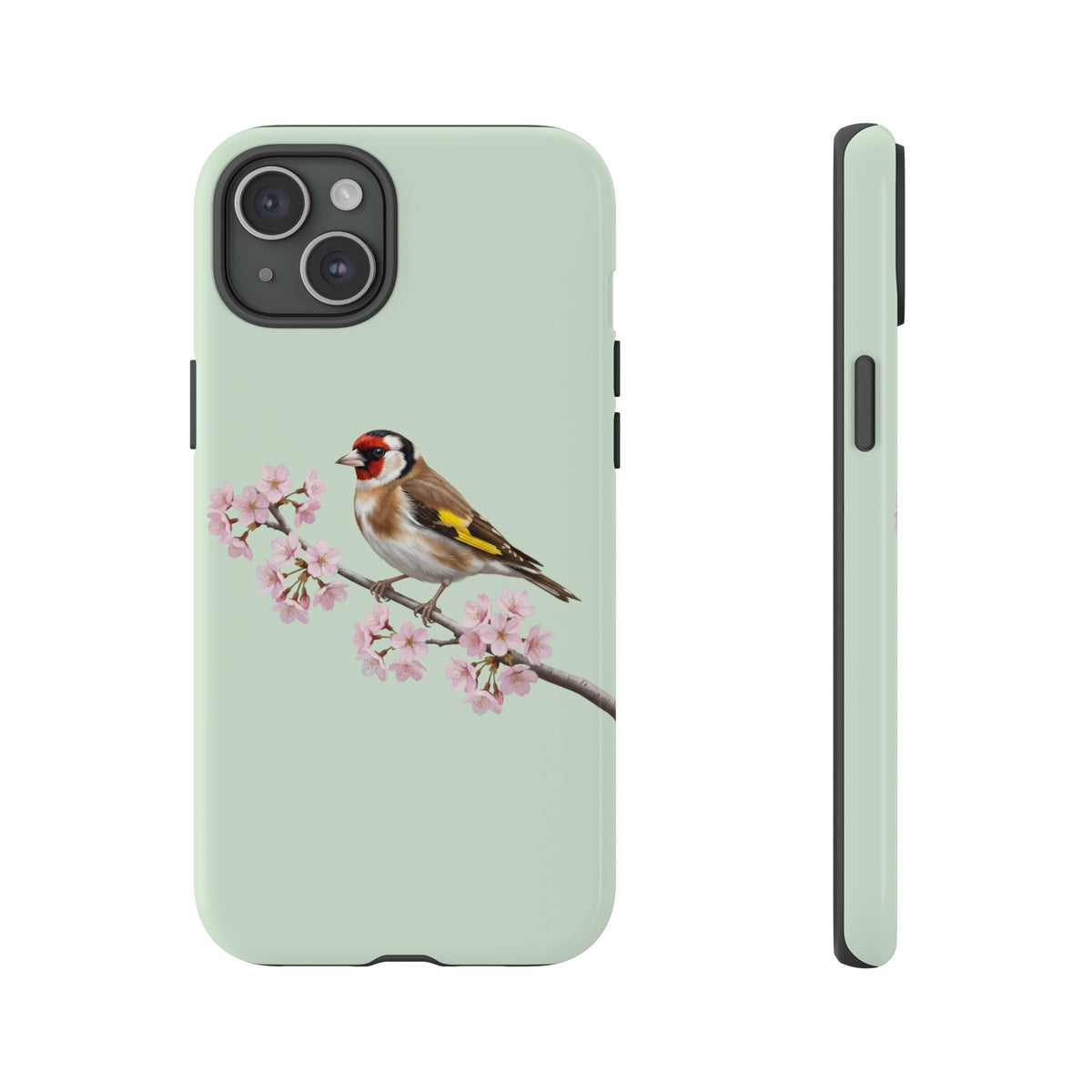 Stieglitz Handyhülle in Salbeigrün | Florales Kirschblüten Vogel-Motiv für iPhone & Google Pixel