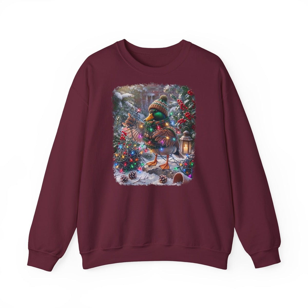 Sweat-shirt haut de gamme avec canard et guirlande lumineuse dans un jardin hivernal pour les amoureux des oiseaux