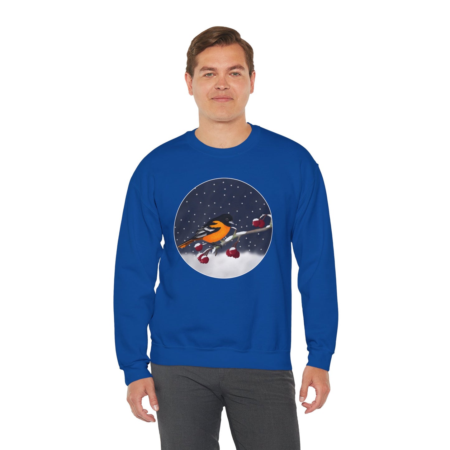 Baltimore Oriole on a Winter Branch Birdwatcher Christmas Bird Sweatshirt