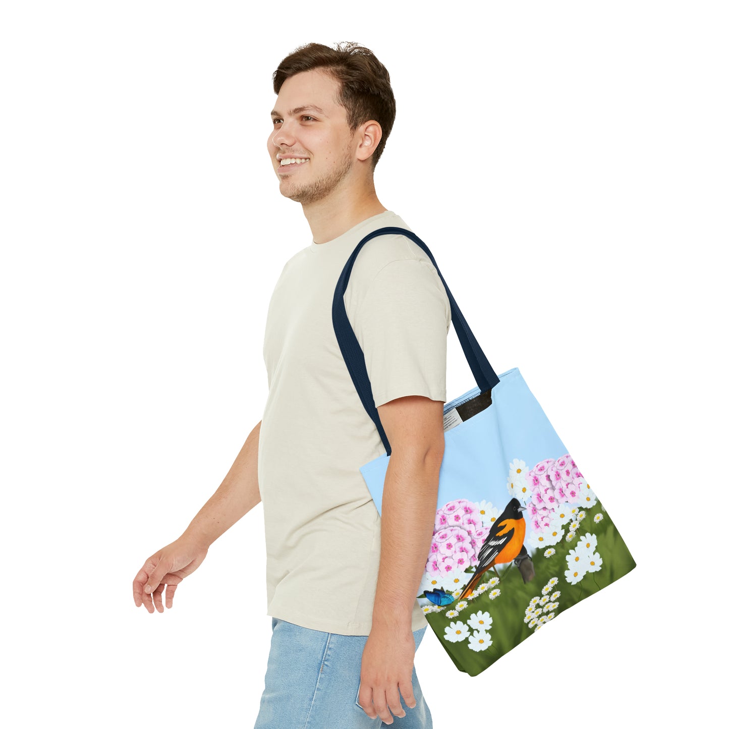 Baltimore Oriole in Summer Flowers Bird Tote Bag 16"x16" - jz.birds