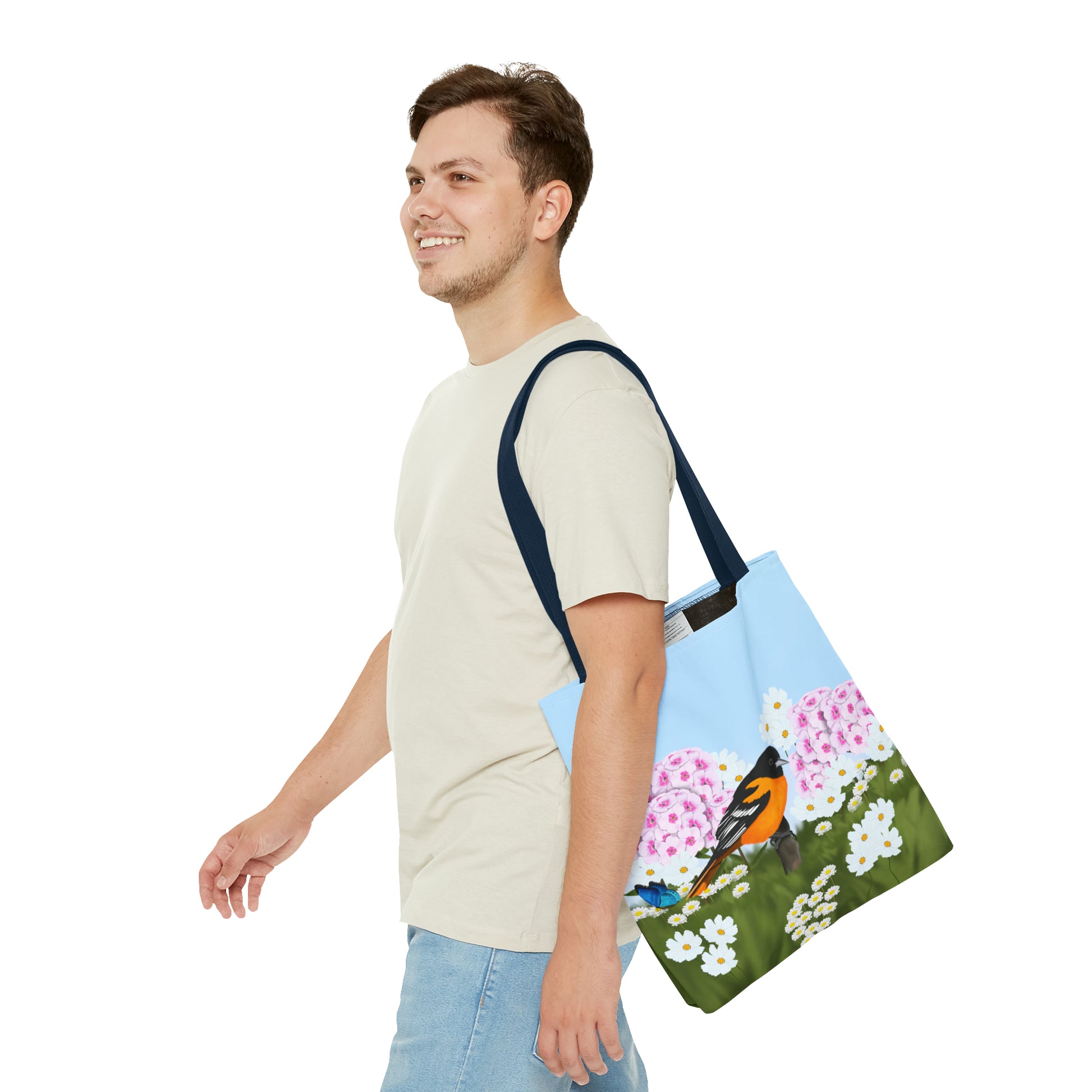 Baltimore Oriole in Summer Flowers Bird Tote Bag 16"x16" - jz.birds