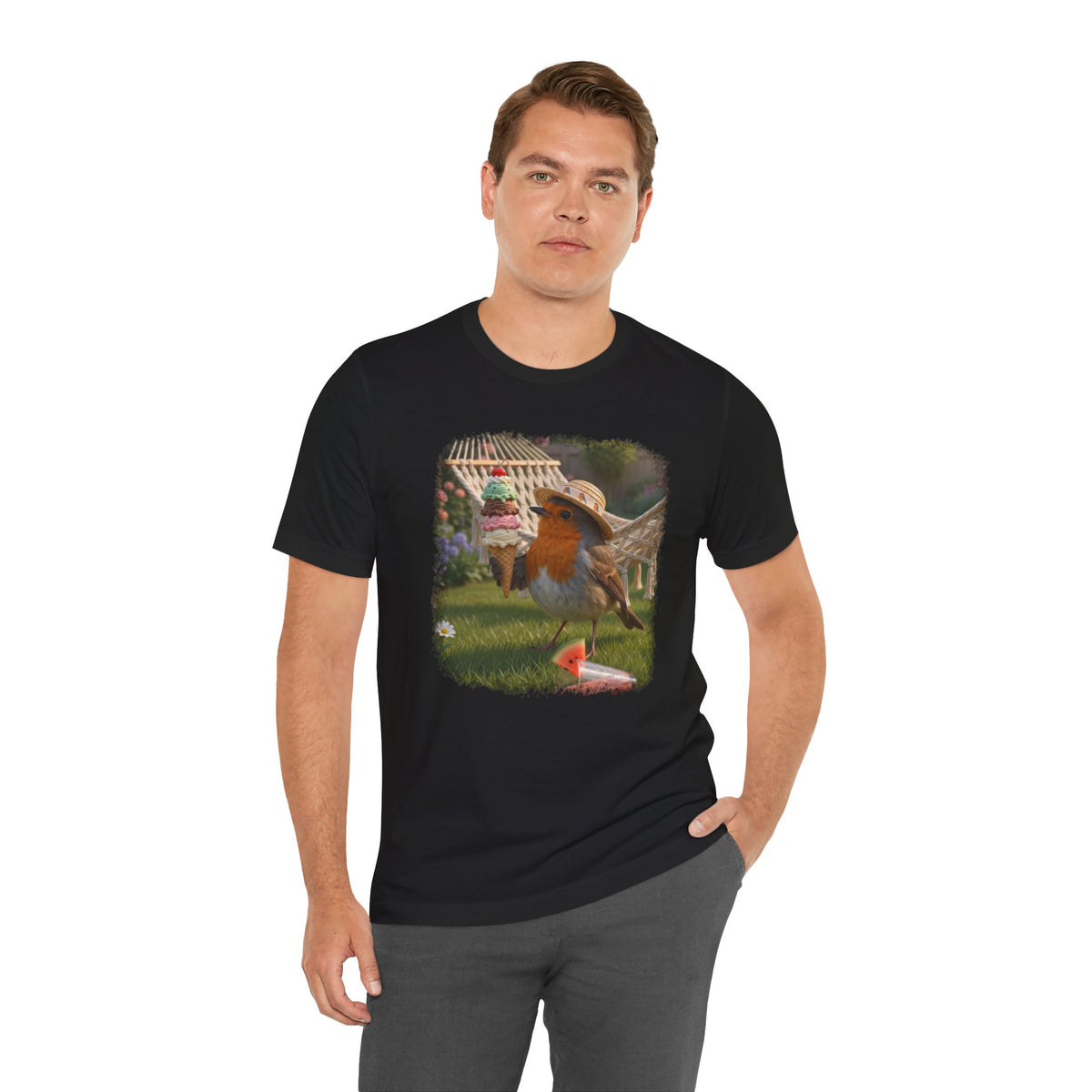 Rosi Rotkehlchen & das Riesen-Eis im Garten T-Shirt | Geschenk für Vogelfreunde