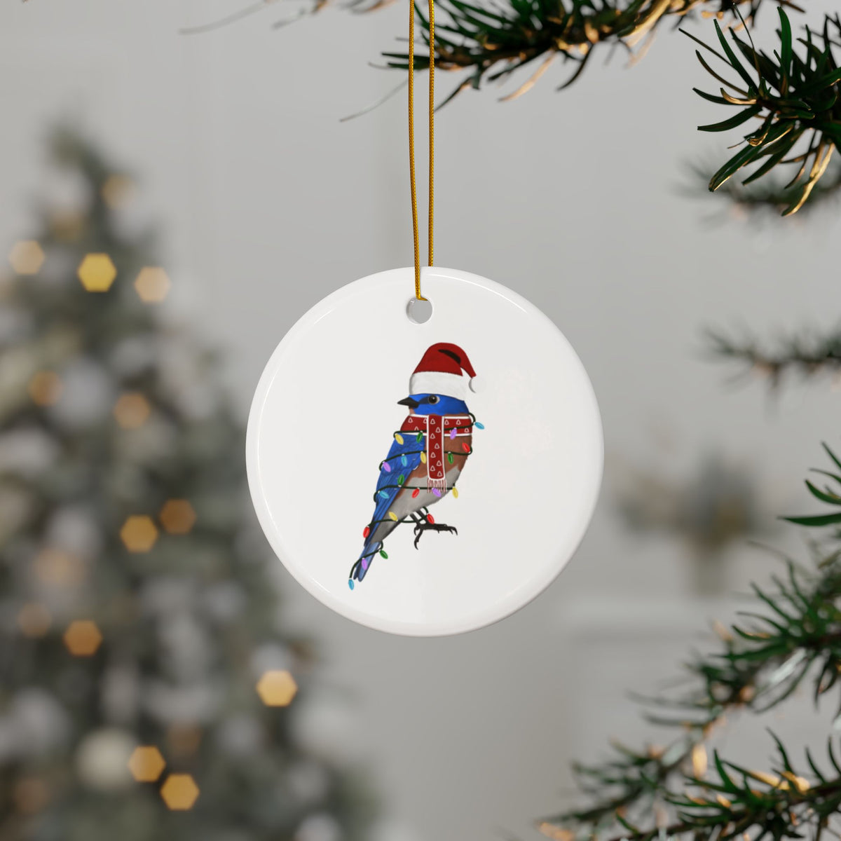 サンタクロースの青い鳥の陶器製クリスマスオーナメント | 丈夫な両面鳥愛好家向け装飾
