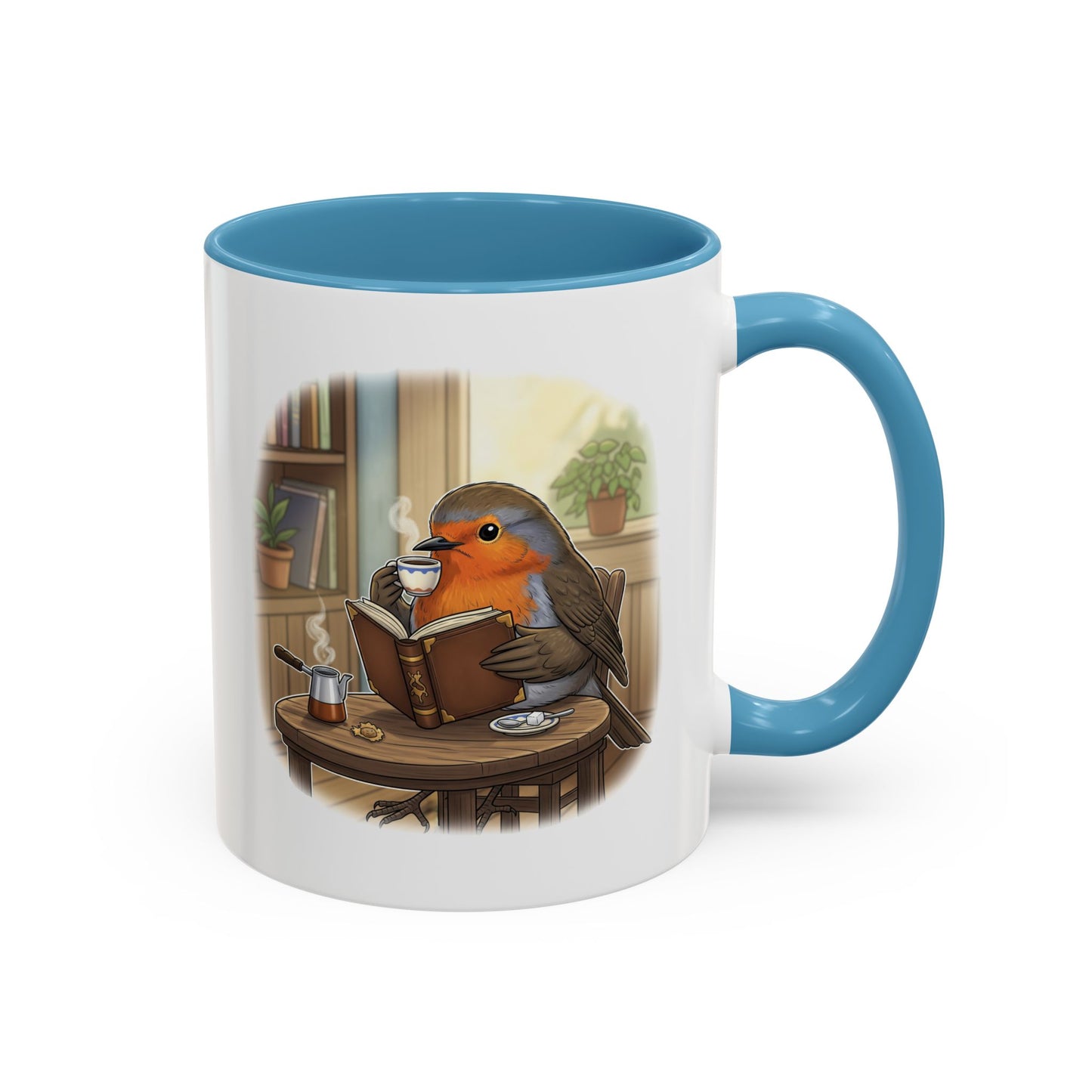 Robin Reads Books and Drinks Coffee Bird Mug for Bird and Book Lovers