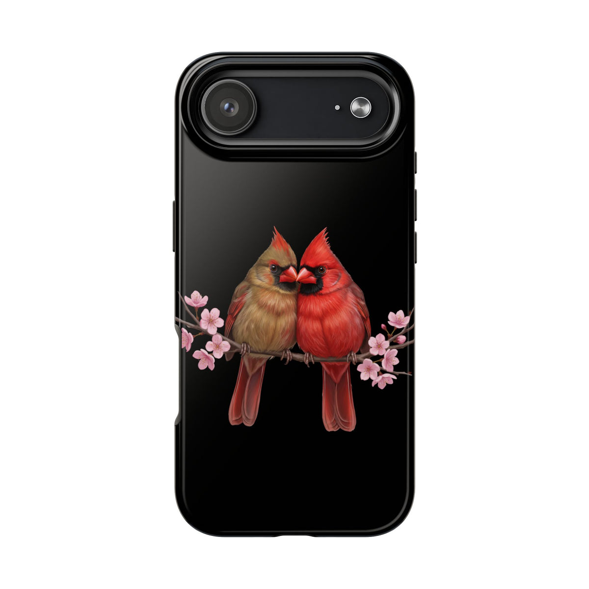 Northern Cardinal with Cherry Blossoms iPhone Case – Premium Tough Phone Cover Black