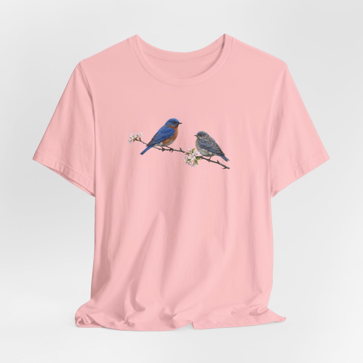 Eastern Bluebird & Fledgling T-Shirt | Spring Blossoms Unisex Graphic Tee