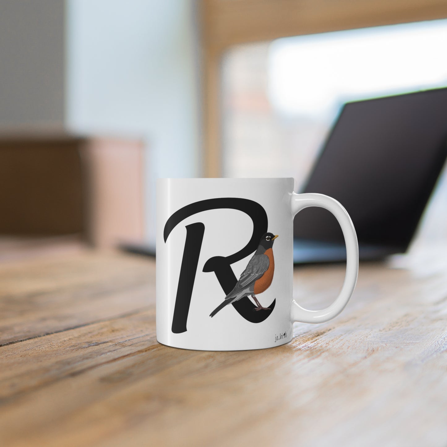 American Robin Letter R Bird Ceramic Mug 11oz White