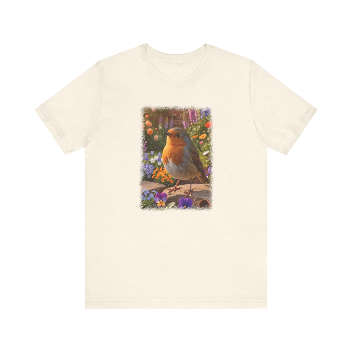 Robin Rosi in the Flower Bed T-Shirt - Cozy Backyard Birding Apparel
