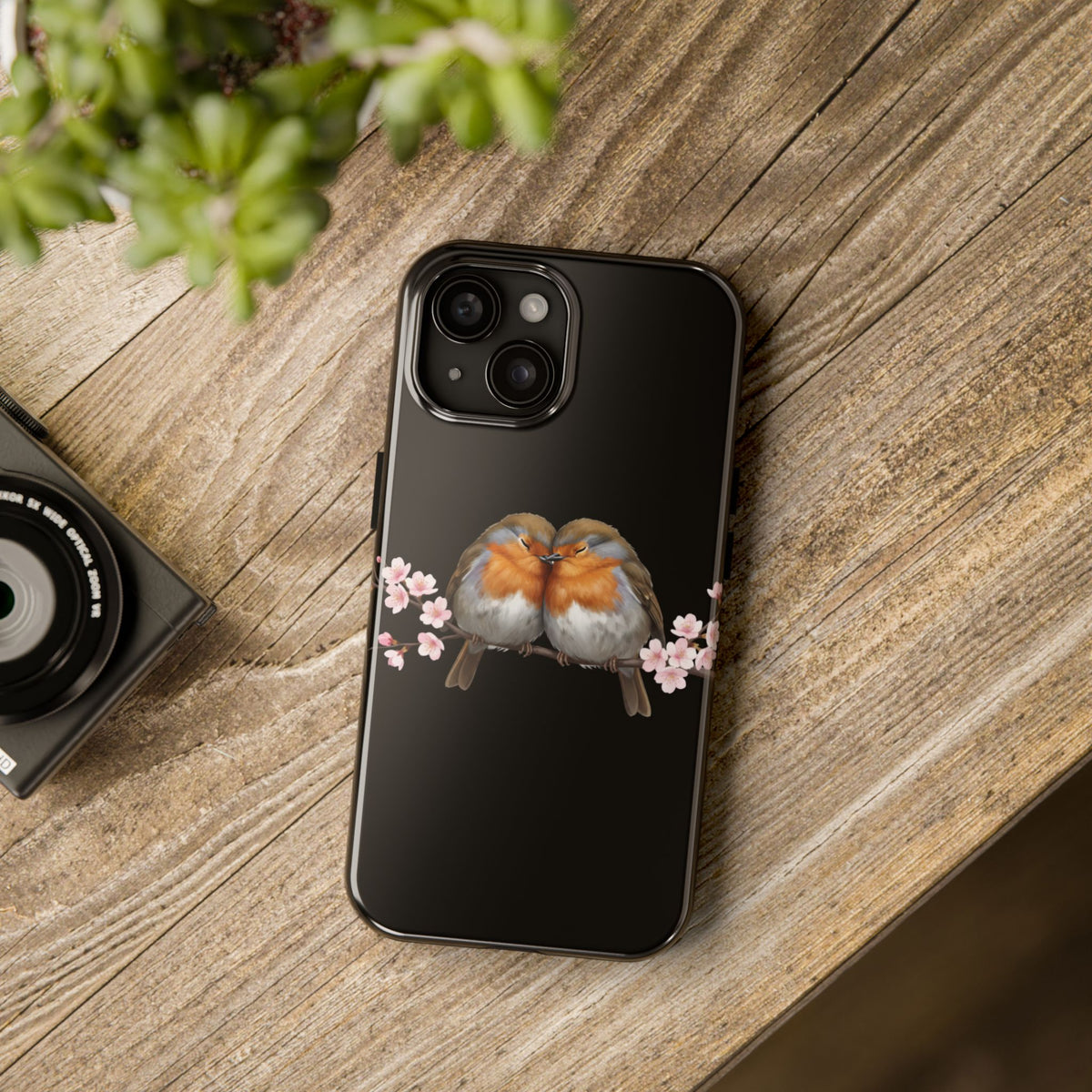 European Robin with Cherry Blossoms iPhone Case – Premium Tough Phone Cover Black