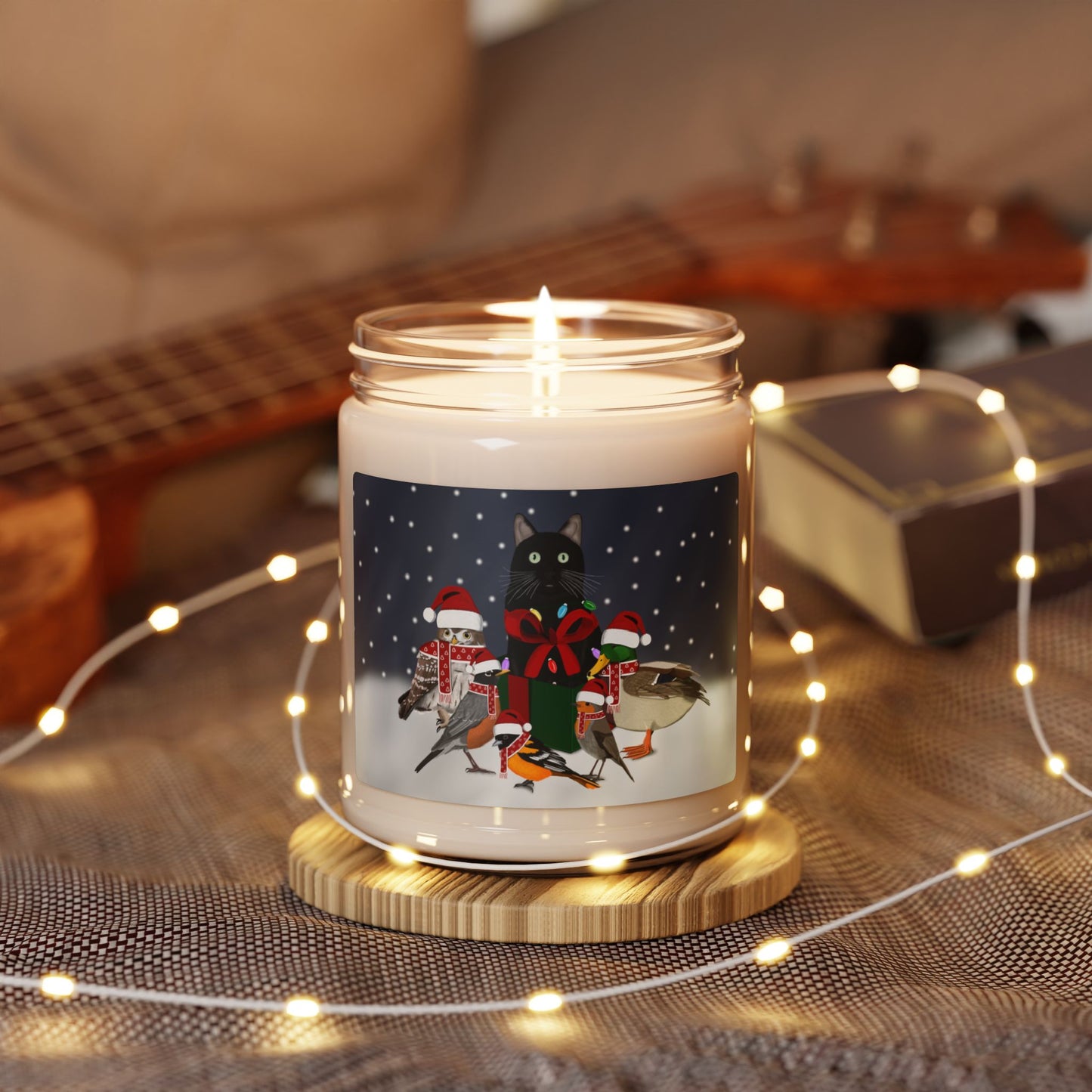 Robin Oriole Mallard Owl with Cat Christmas Bird Art Scented Soy Candle, 9oz