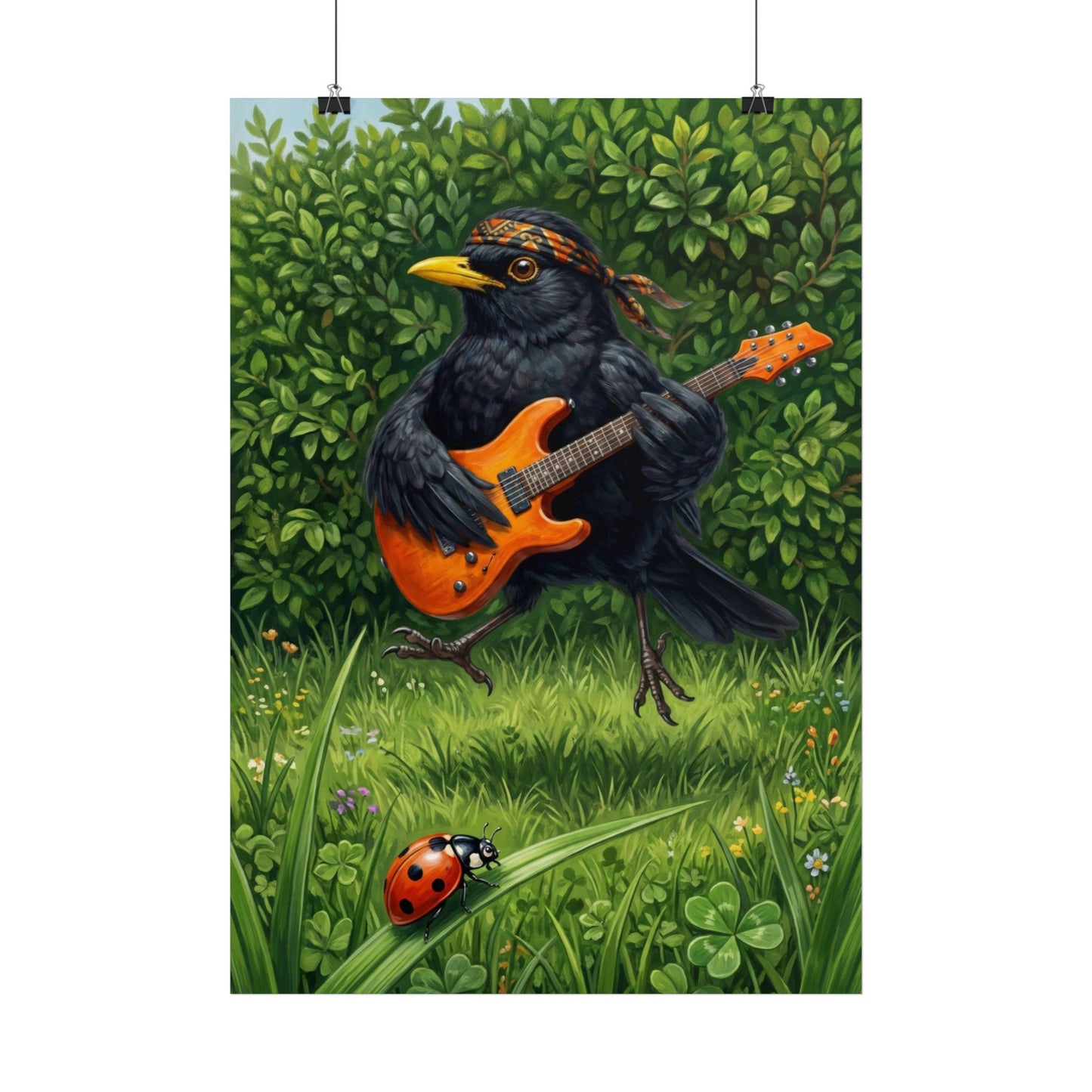 Blacky Amsel mit Gitarre Wandbild - Kinderzimmer Poster Rockstar Vogel | Coole Kinderzimmer Deko Tiere & Musik