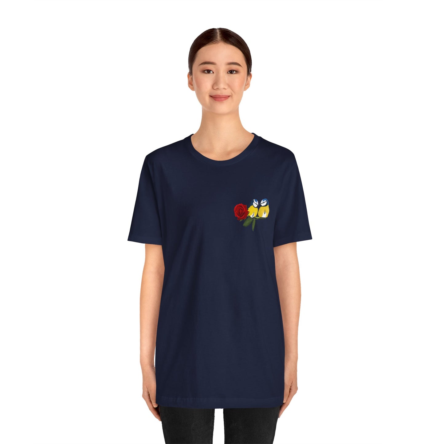 Valentine's Day Blue Titmice on Rose Unisex Tee