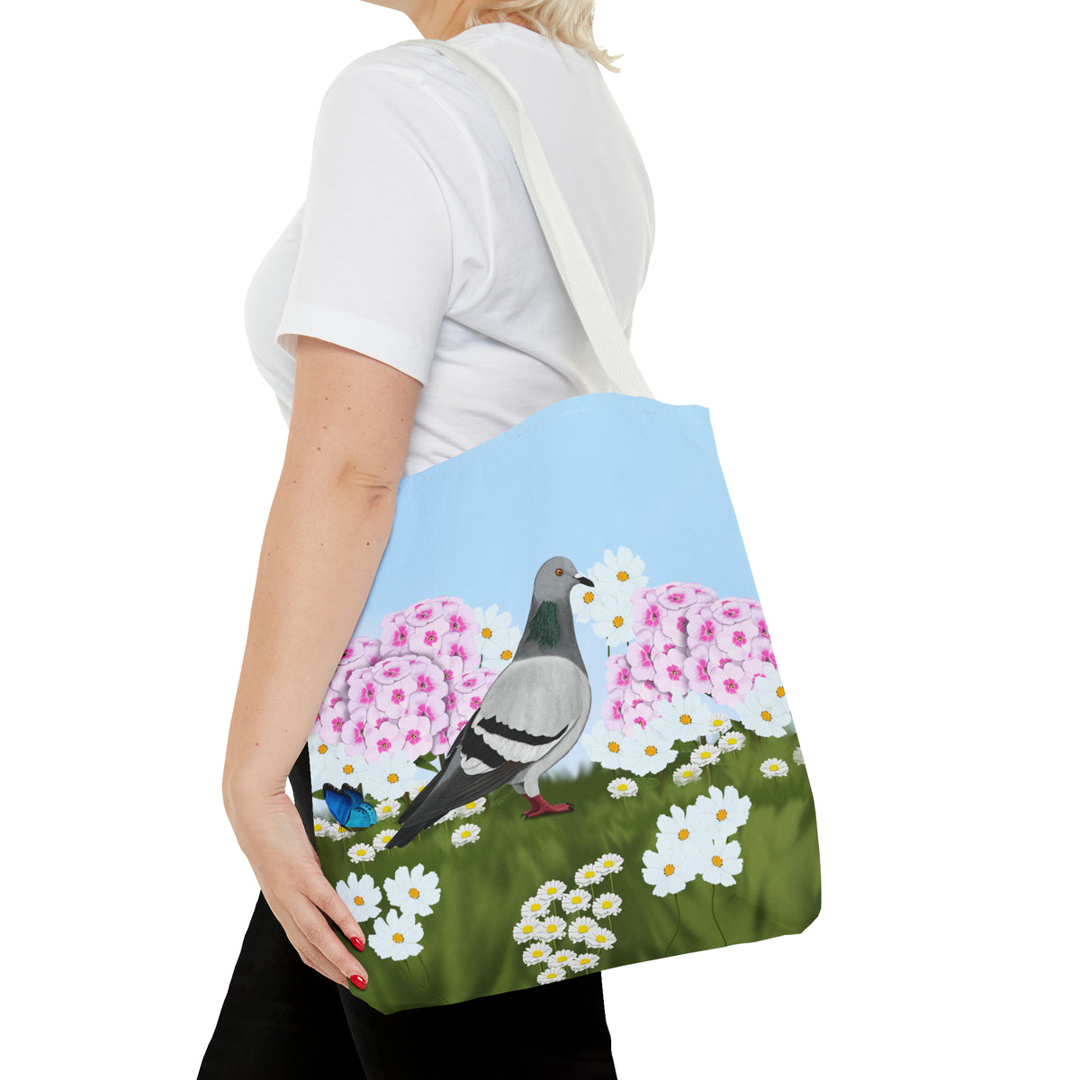 Pigeon in Summer Flowers Bird Tote Bag 16"x16" - jz.birds