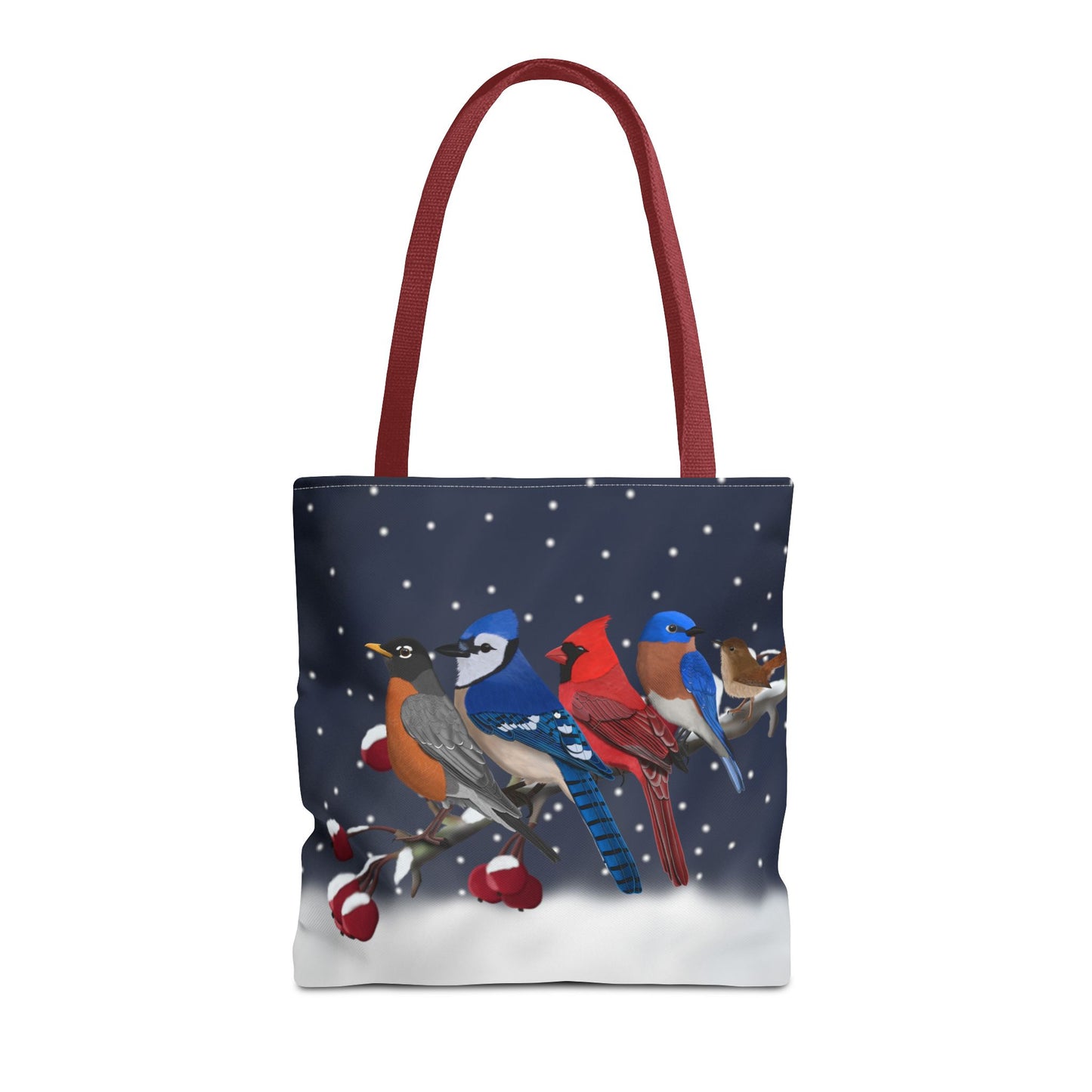 Robin Blue Jay Cardinal Bluebird Wren on a Winter Branch Christmas Bird Tote Bag 16"x16"