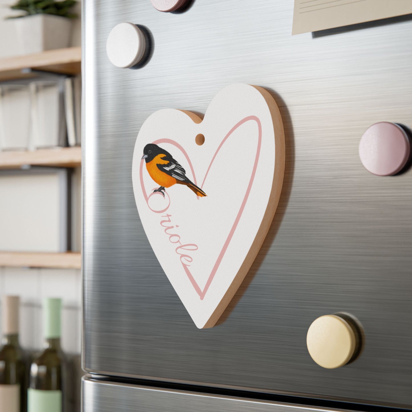 Heart-Shaped Wooden Ornament with Baltimore Oriole - Perfect for Bird Lovers