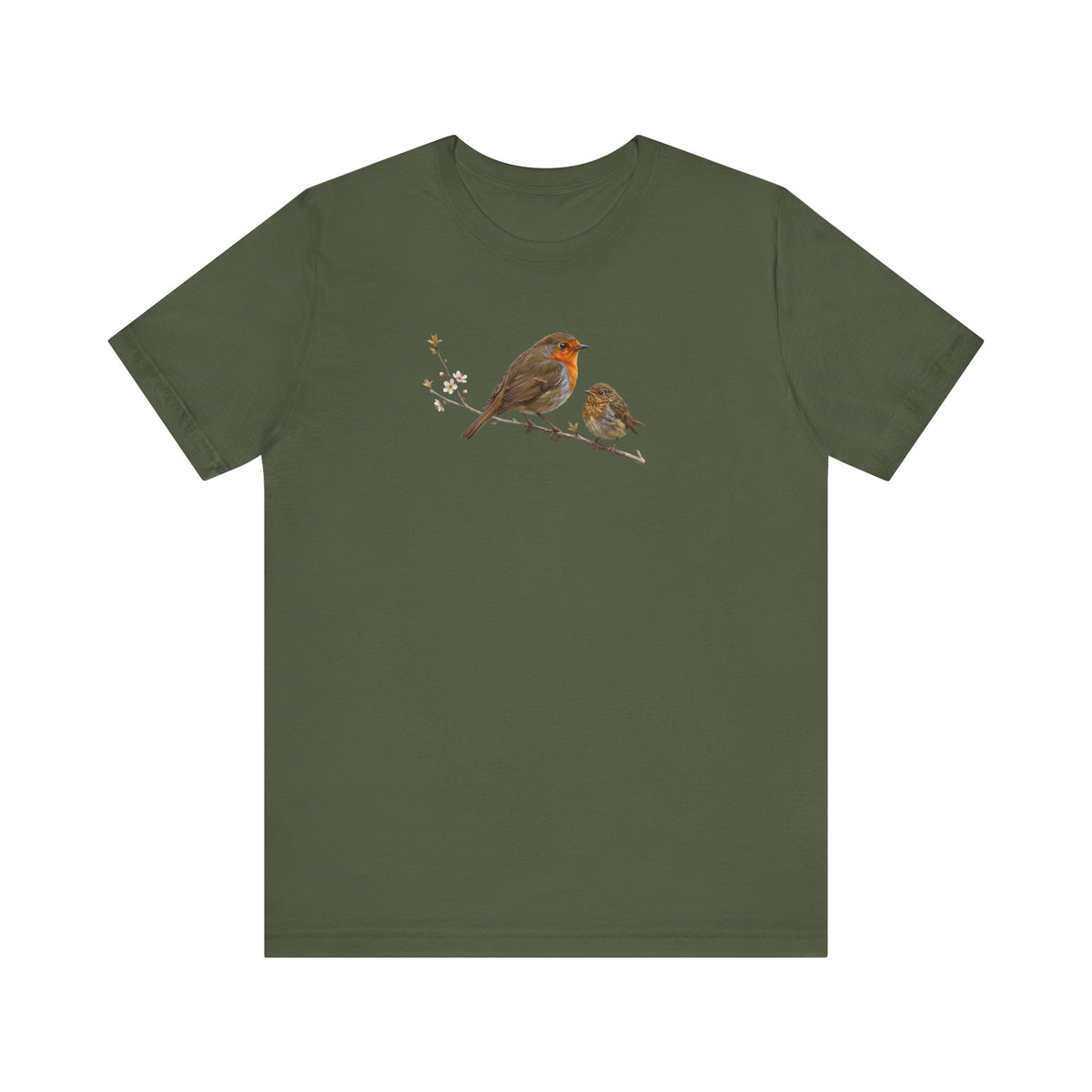 Rotkehlchen & Jungvogel T-Shirt | Frühlingsblüten Vogelmotiv für Vogelbeobachter