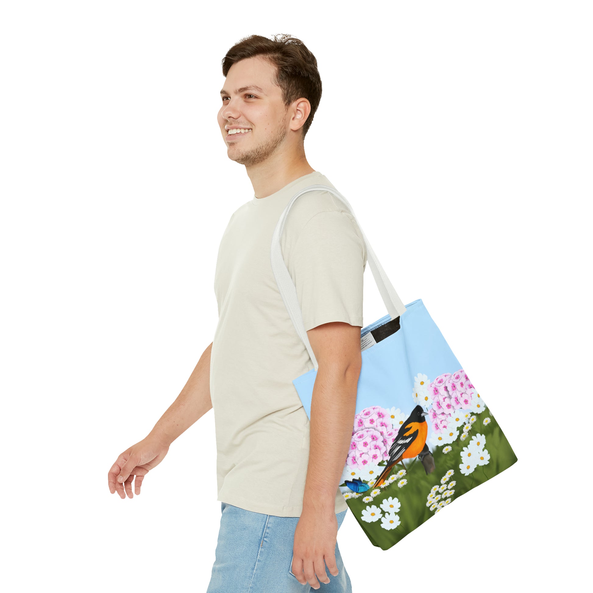 Baltimore Oriole in Summer Flowers Bird Tote Bag 16"x16" - jz.birds