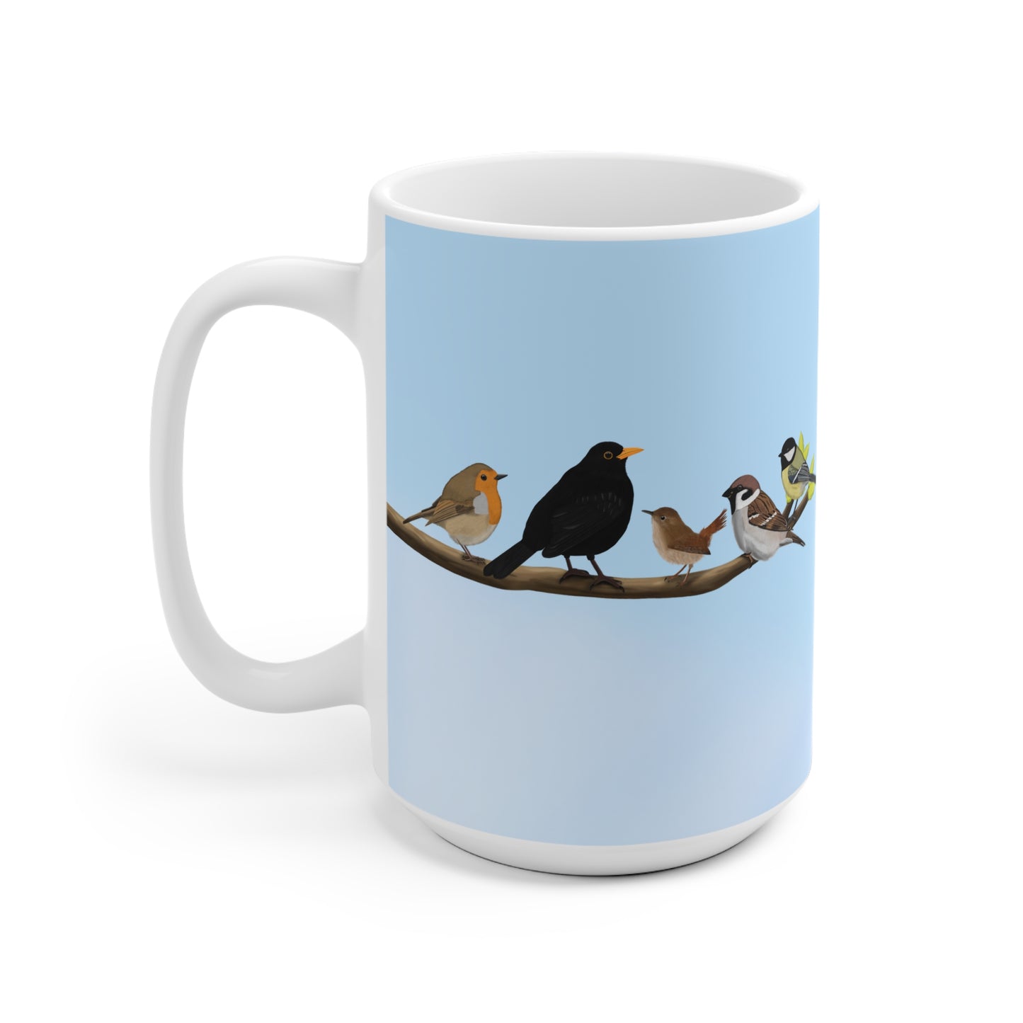 Vögel auf einem Ast Tasse Amsel Rotkehlchen Blaumeise Zaunkönig Spatz Kohlmeise Blau