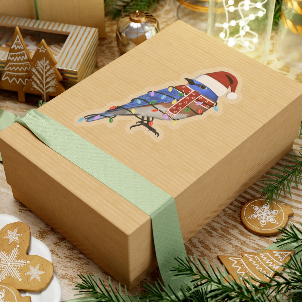 フェアリーライトとサンタクロースの帽子とスカーフをつけた青い鳥のクリスマス鳥ステッカー