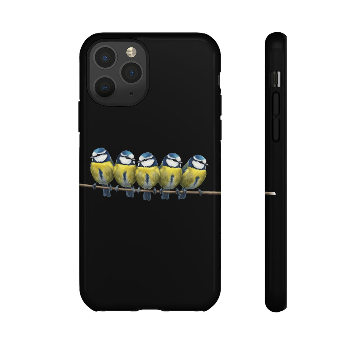 Funda premium para móvil de carbonero azul en una rama – Doble protección e impresión integral, negra