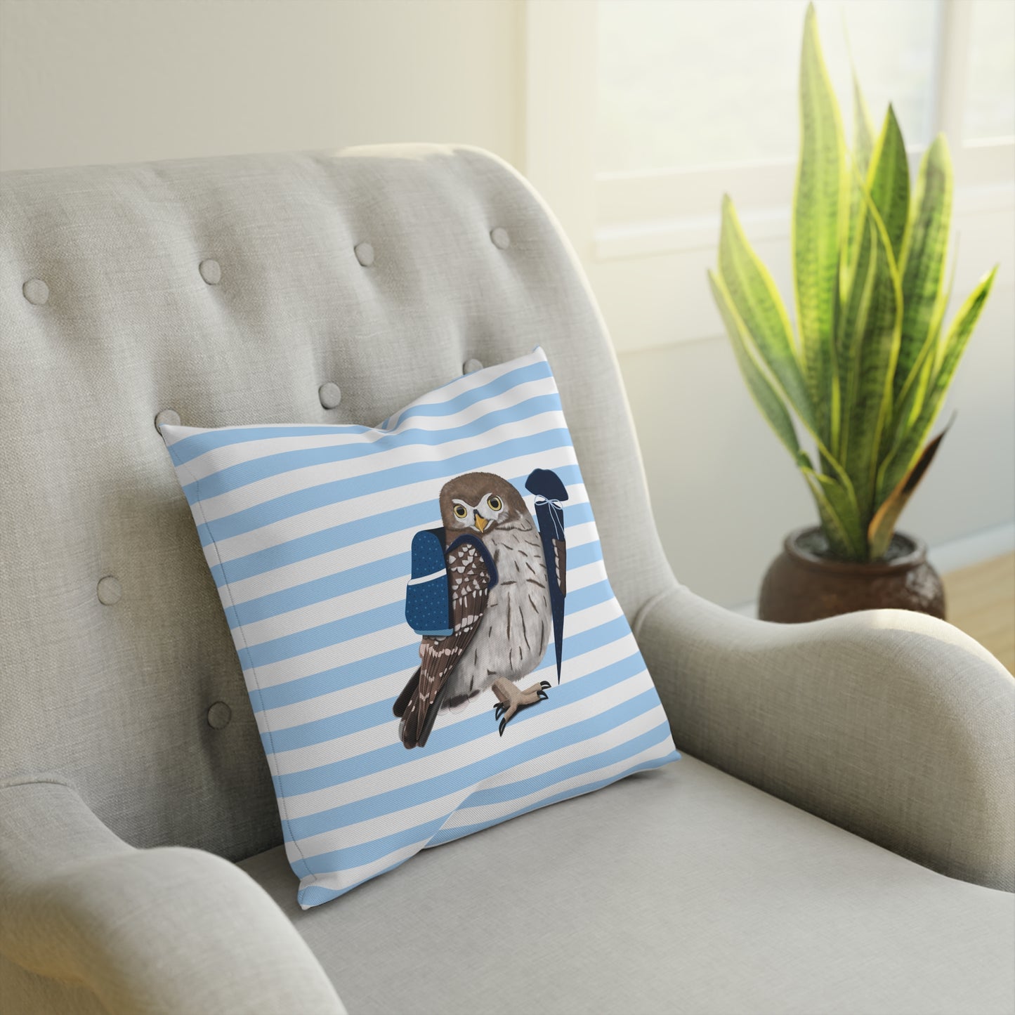 Eule mit Schultüte Vogel Kissen – Dekokissen mit Vogelmotiv zur Einschulung Blau